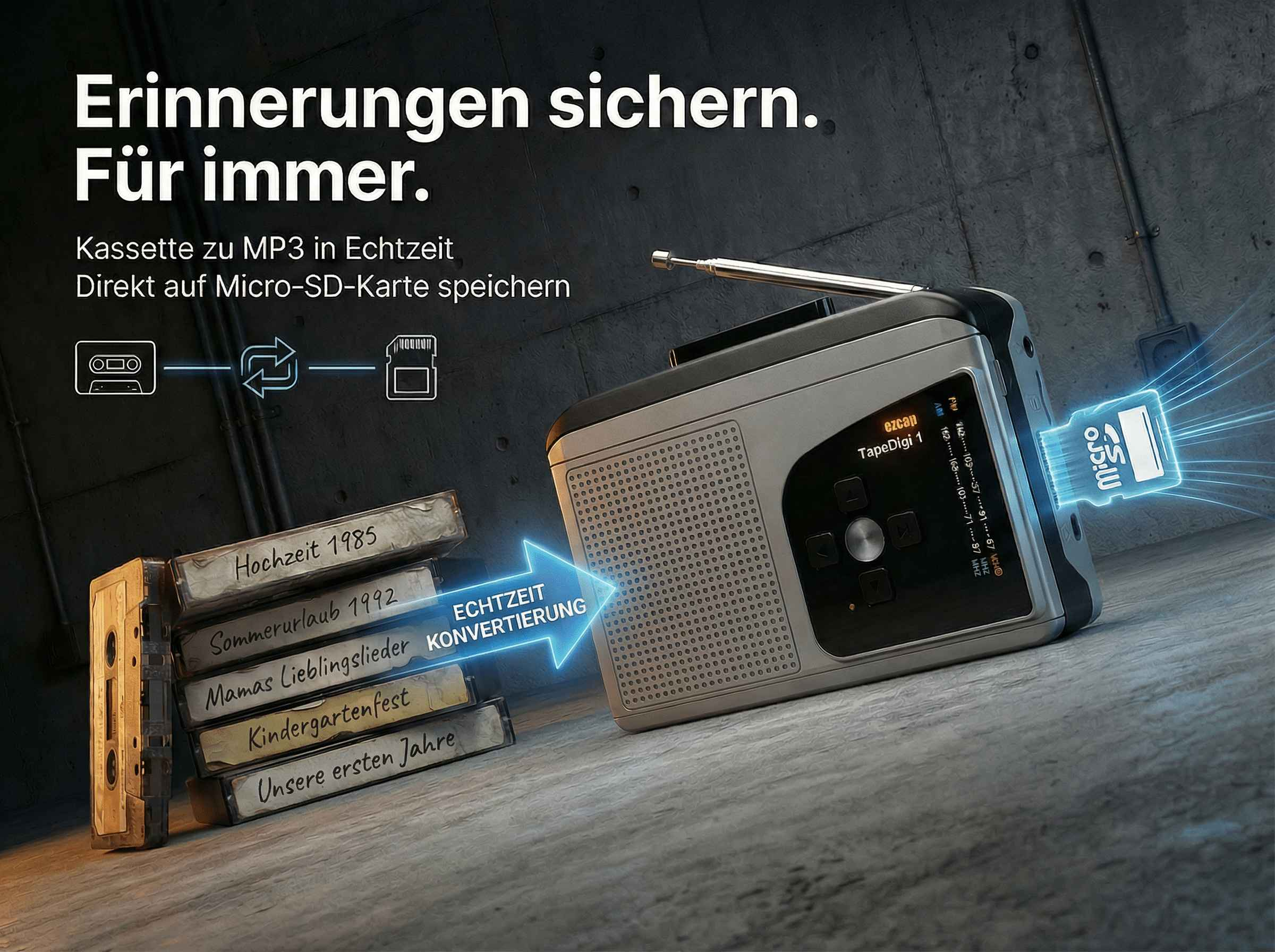 Ein Kassettenrekorder speichert Kassetten auf einer Micro-SD-Karte.