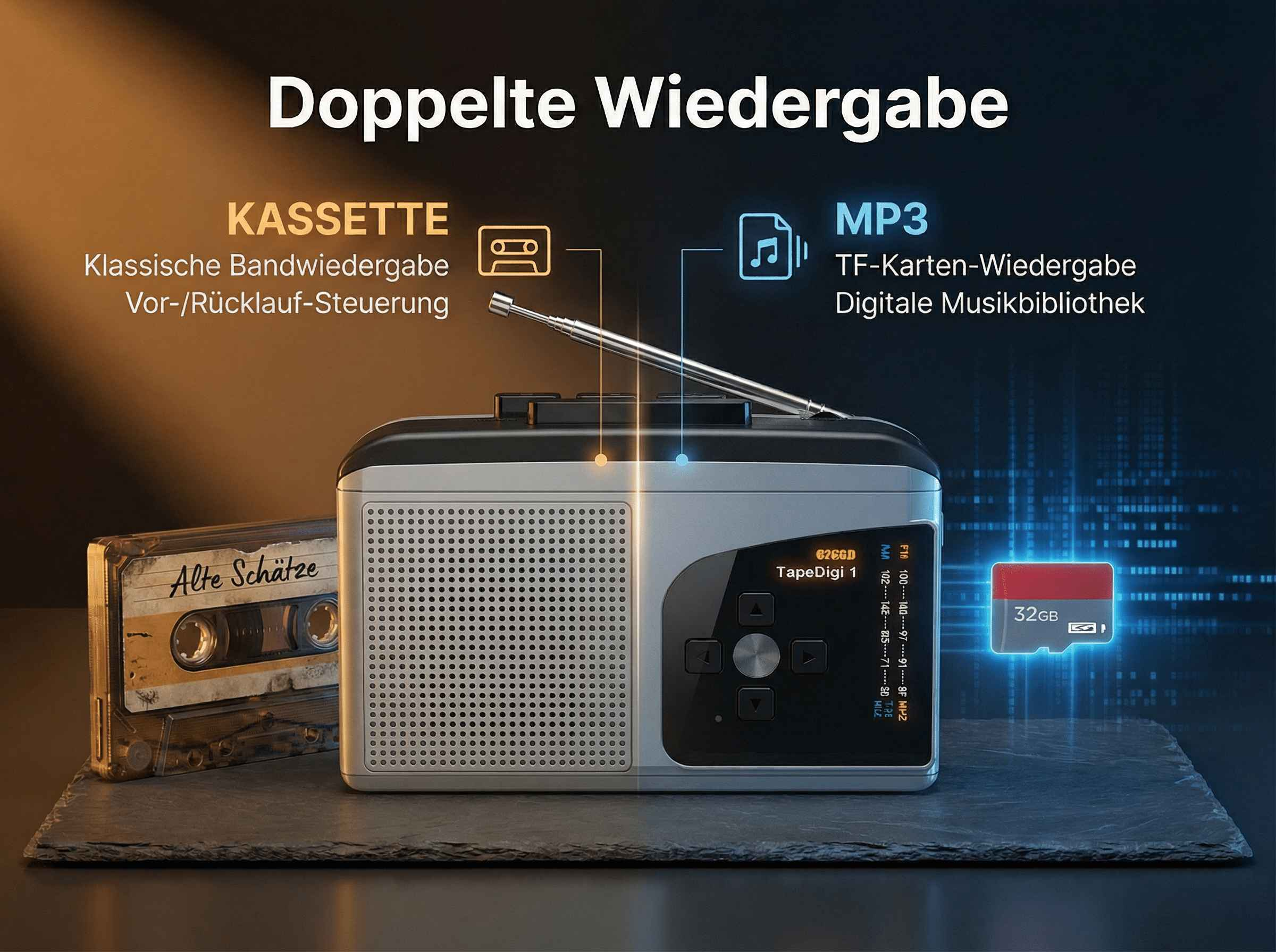 Radio mit Kassette und SD-Karte, zeigt Kassette und MP3-Symbol.