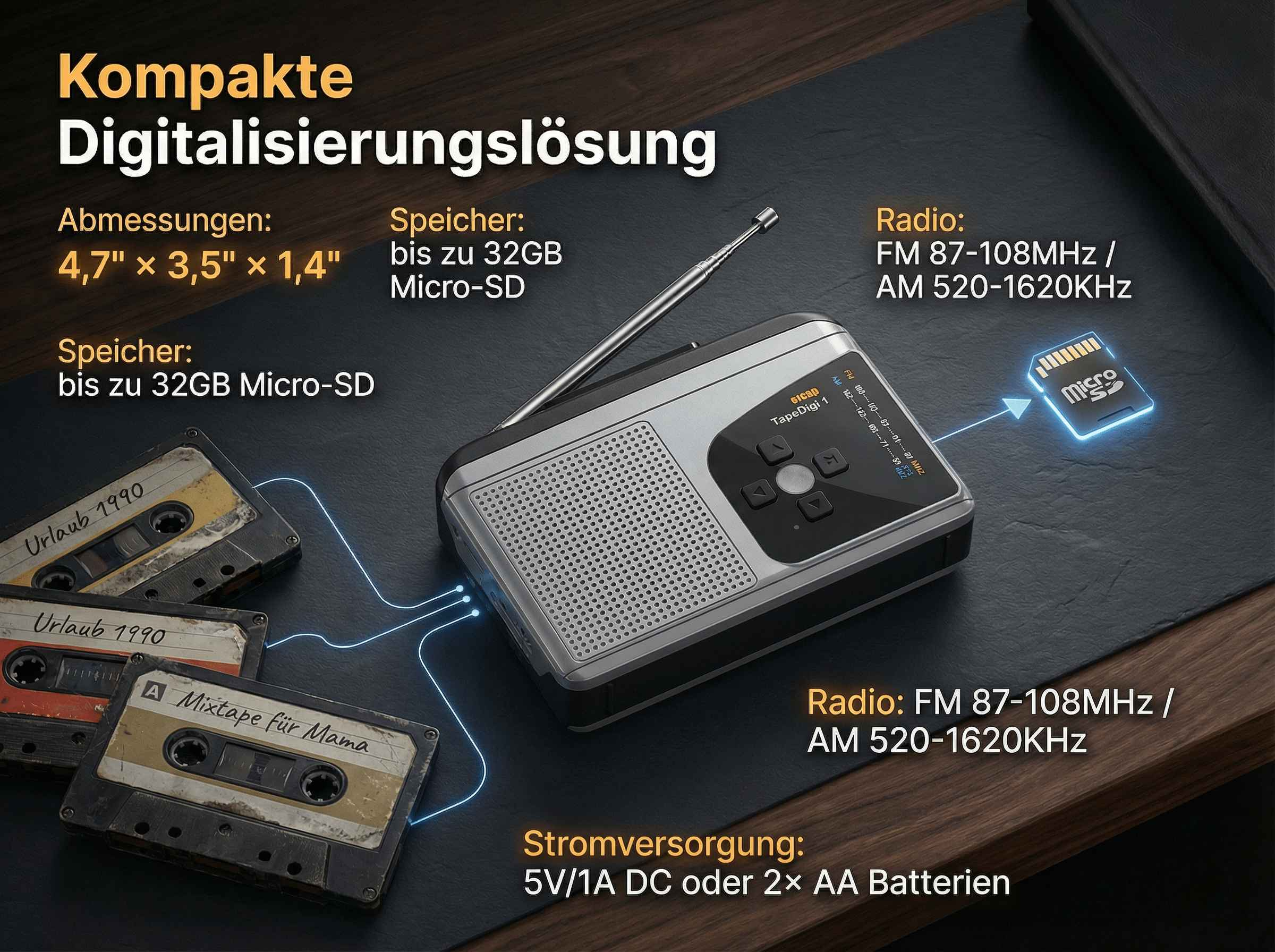 Ein tragbares Radio mit Kassetten und Micro-SD-Karte.