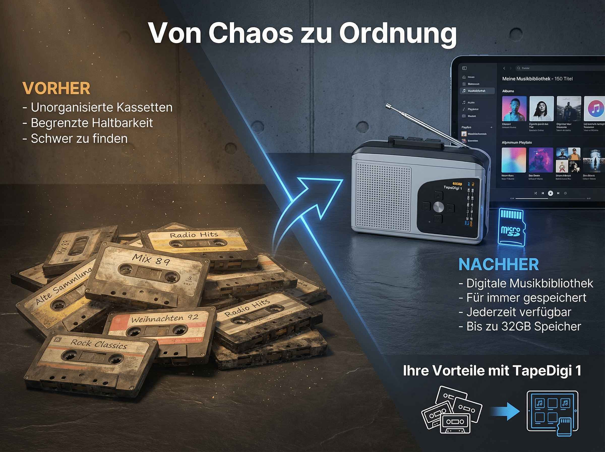 Vorher: Kassetten, Nachher: Digitale Musikbibliothek auf Tablet & SD-Karte.