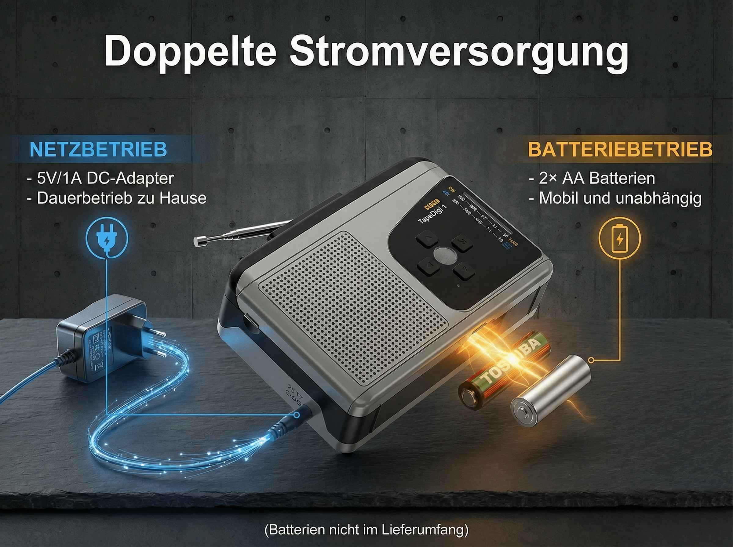 Radio mit Netzteil und Batteriefach. Netzbetrieb mit Adapter, Batteriefach für AA-Batterien.