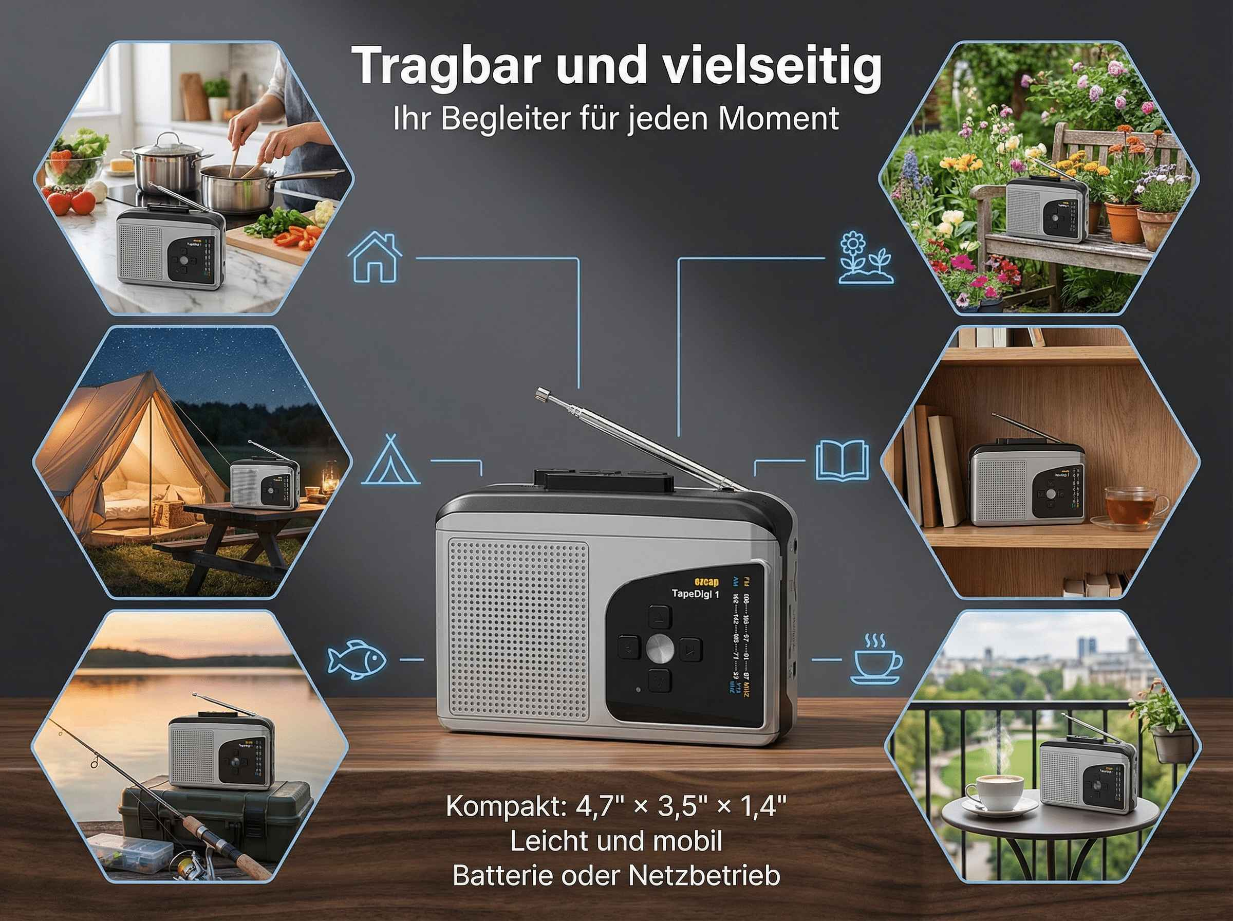 Radio in verschiedenen Szenarien: Küche, Garten, Camping, Angeln, Regal, Balkon.