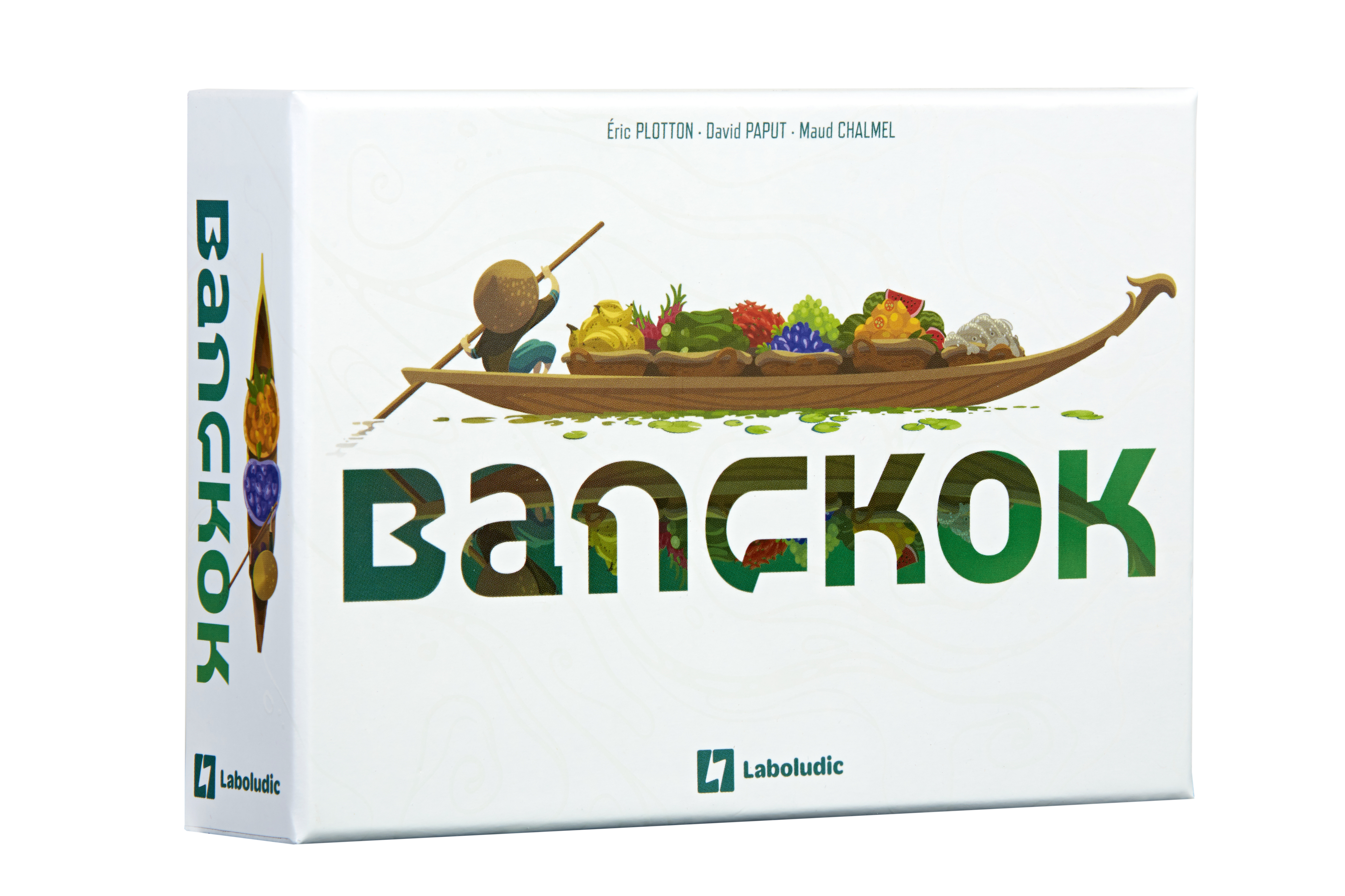 Brettspiel-Box mit einem Mann in einem Boot, der Früchte auf einem Fluss paddelt.