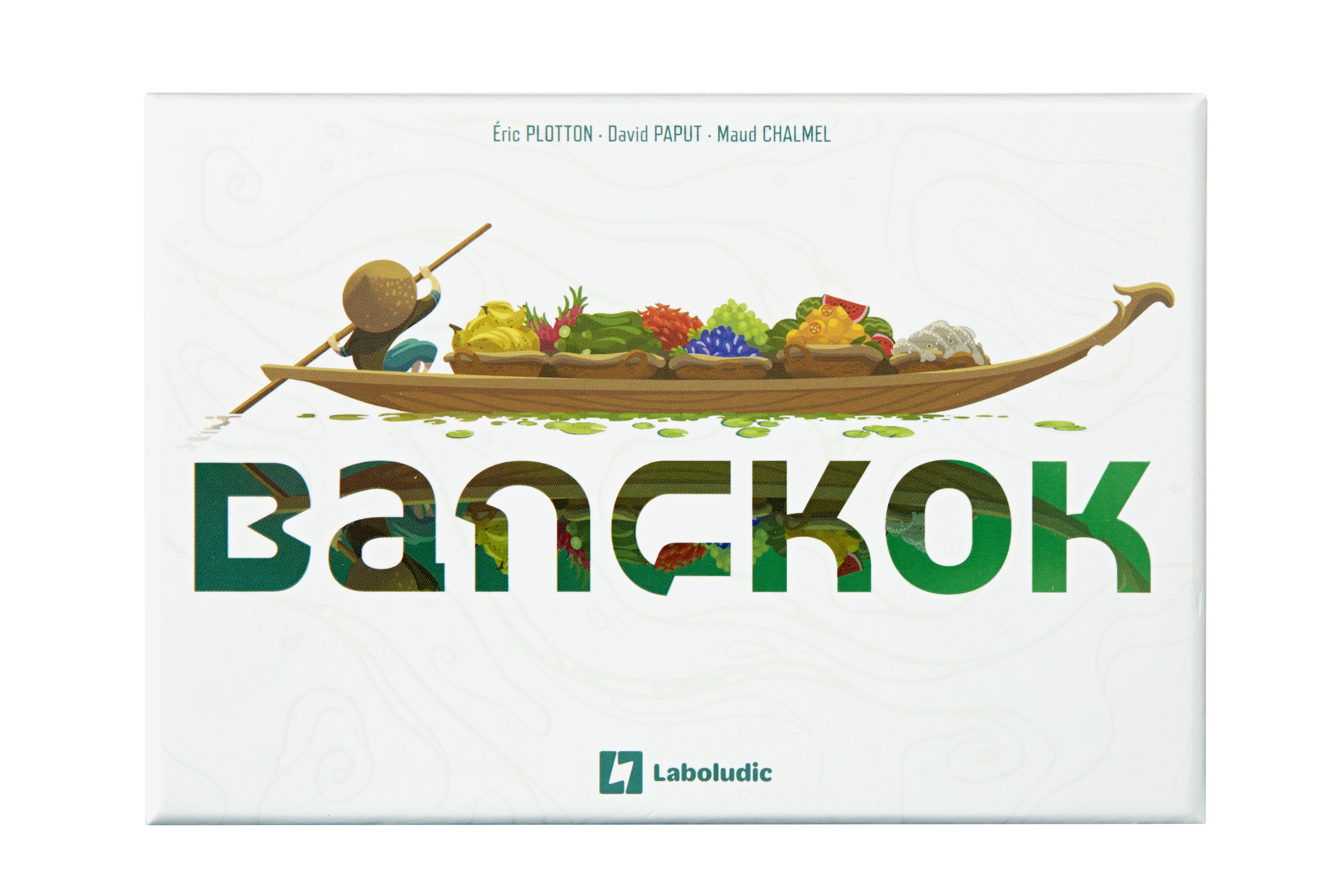 Ein Boot mit Früchten, das von einer Person gerudert wird, mit dem Wort BANGKOK.