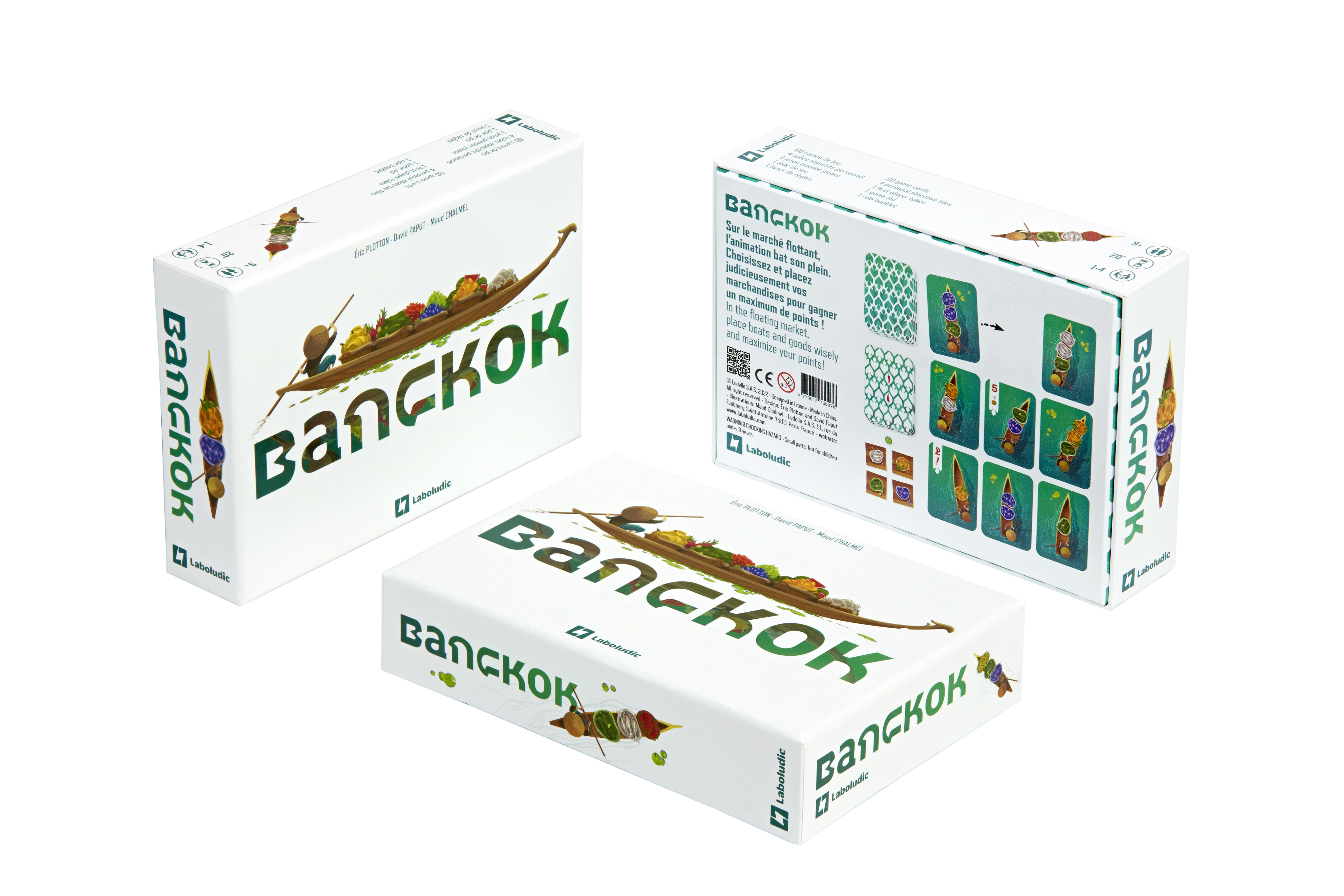 Brettspiel-Boxen mit dem Titel 'Bangkok', die schwimmende Märkte zeigen.