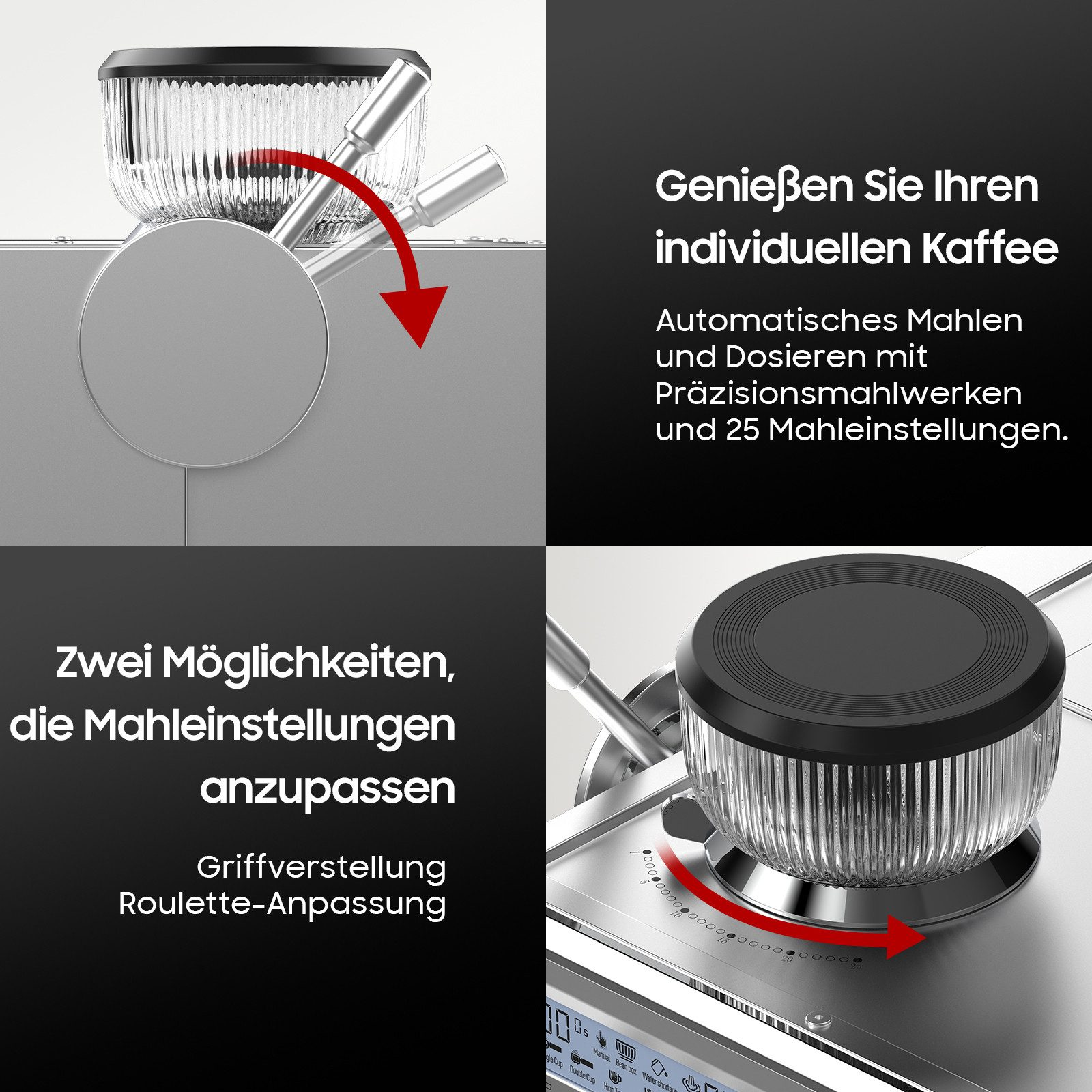 Kaffeemühle mit Einstellrad für Mahlgrad und Text.