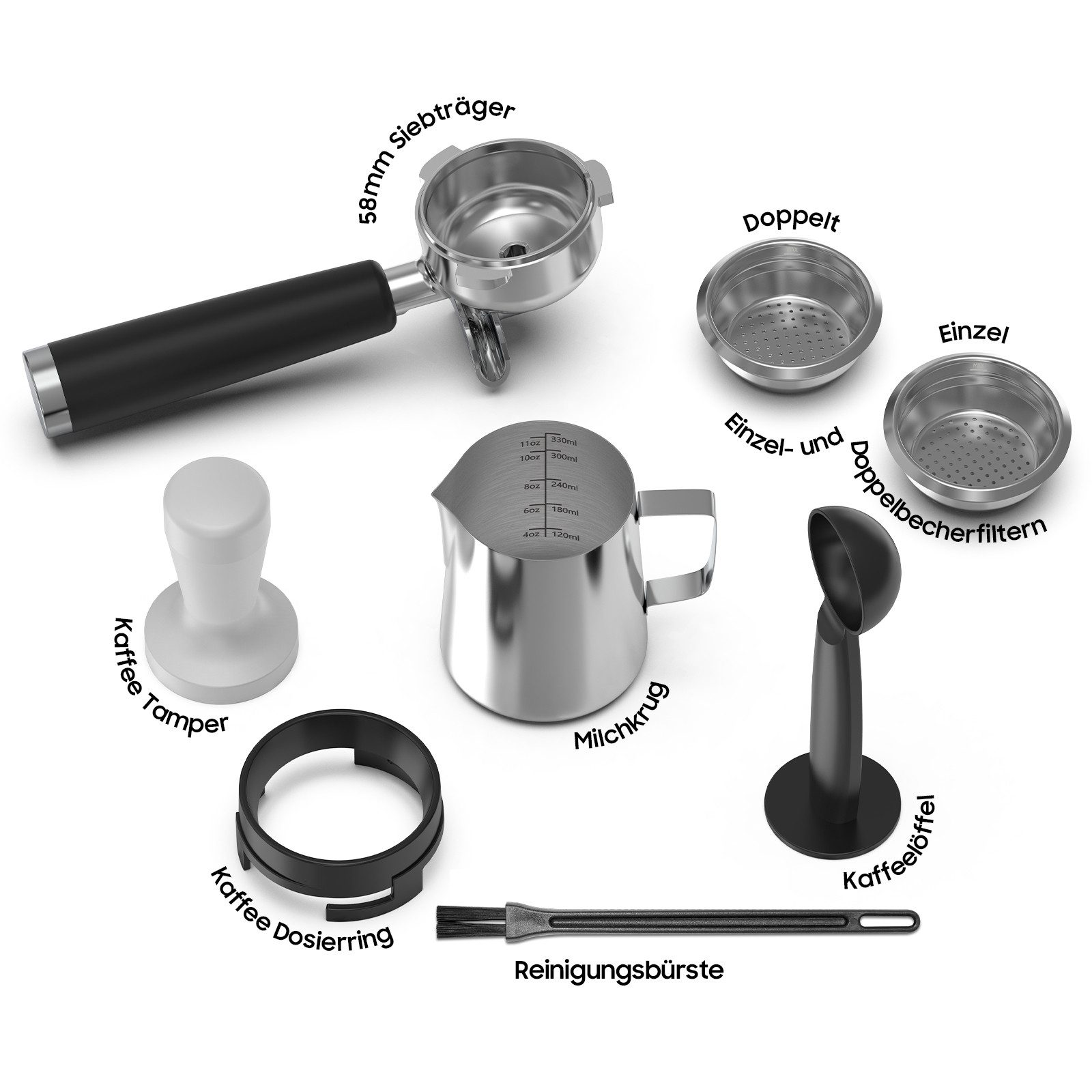 Kaffeezubehör: Siebträger, Tamper, Milchkrug, Siebe, Löffel und Bürste.