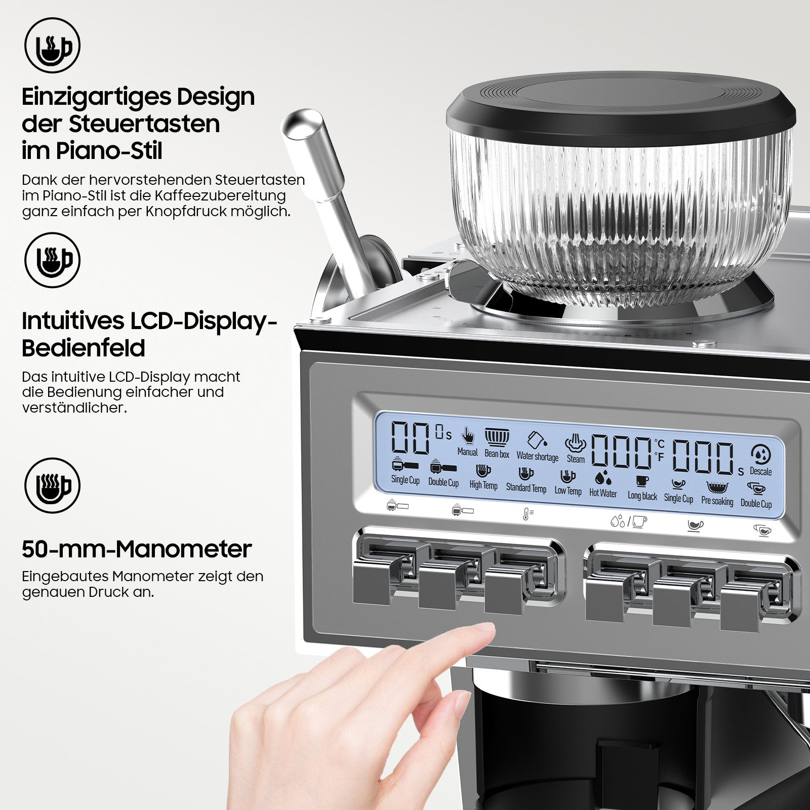 Kaffeemaschine mit Pianotasten, LCD-Display, Manometer und Brühgruppen.