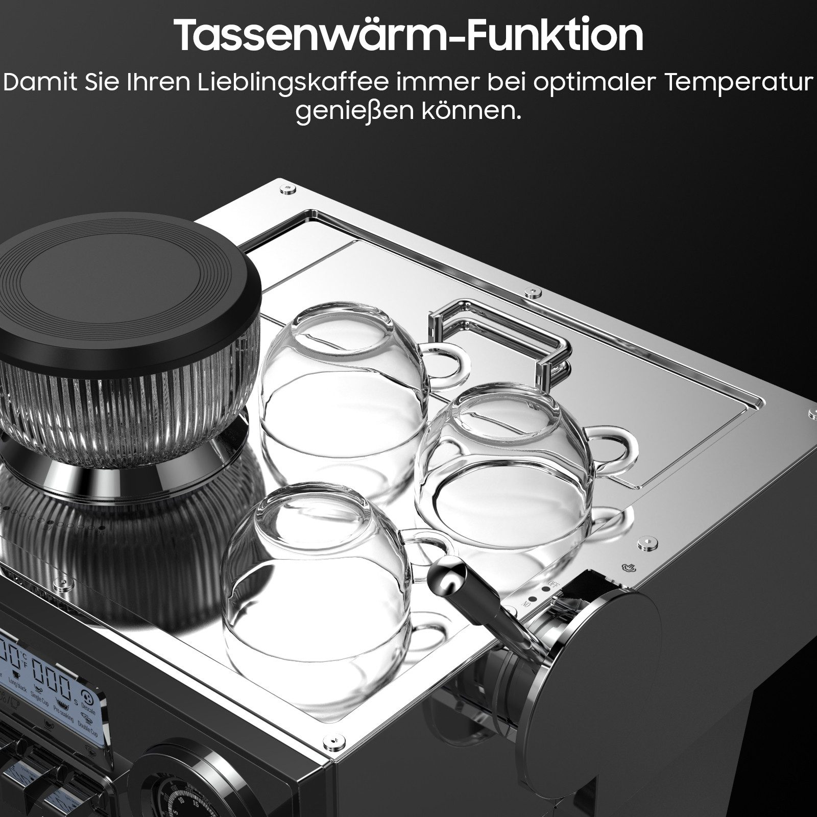 Kaffeemaschine mit Tassenwärmer und drei leeren Gläsern.