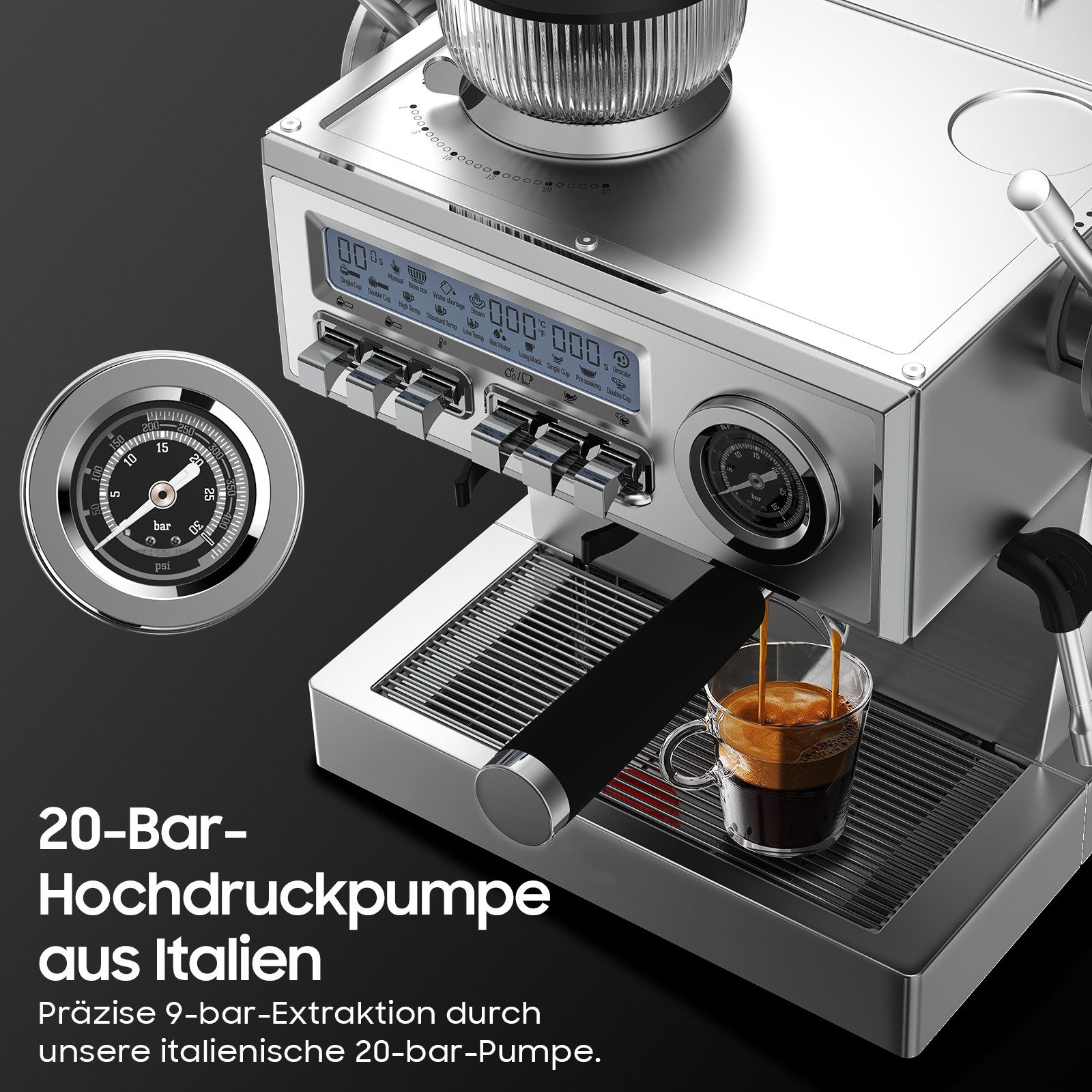 Ein Espresso fließt in eine Glas Tasse, mit einem Manometer und Bedienfeld im Hintergrund.
