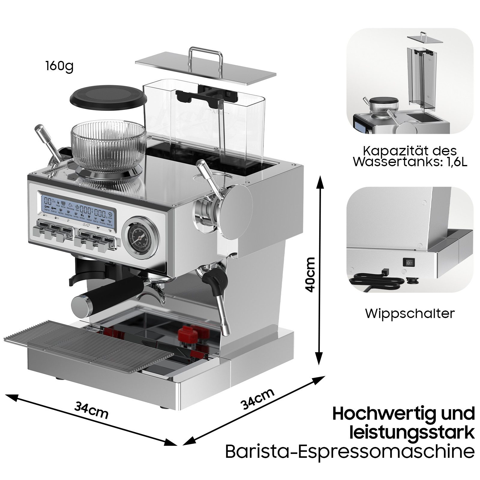 Edelstahl-Espressomaschine mit 1,6L Wassertank, 160g Bohnenkapazität, 34x34x40cm.