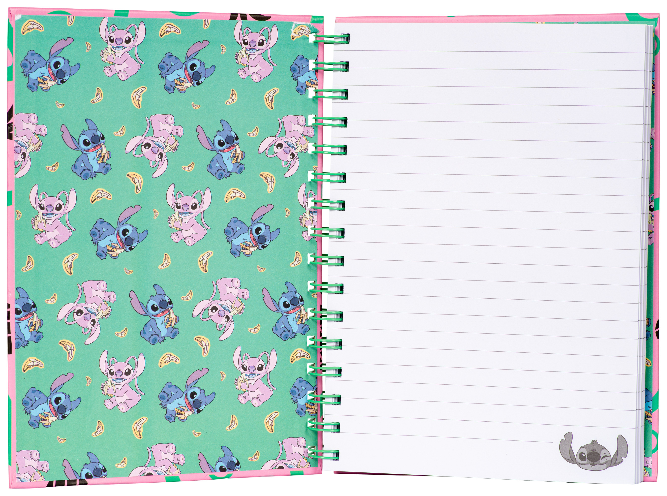 Notizbuch mit Stitch-Motiv und Bananen auf grünem Hintergrund. Leere Seiten.