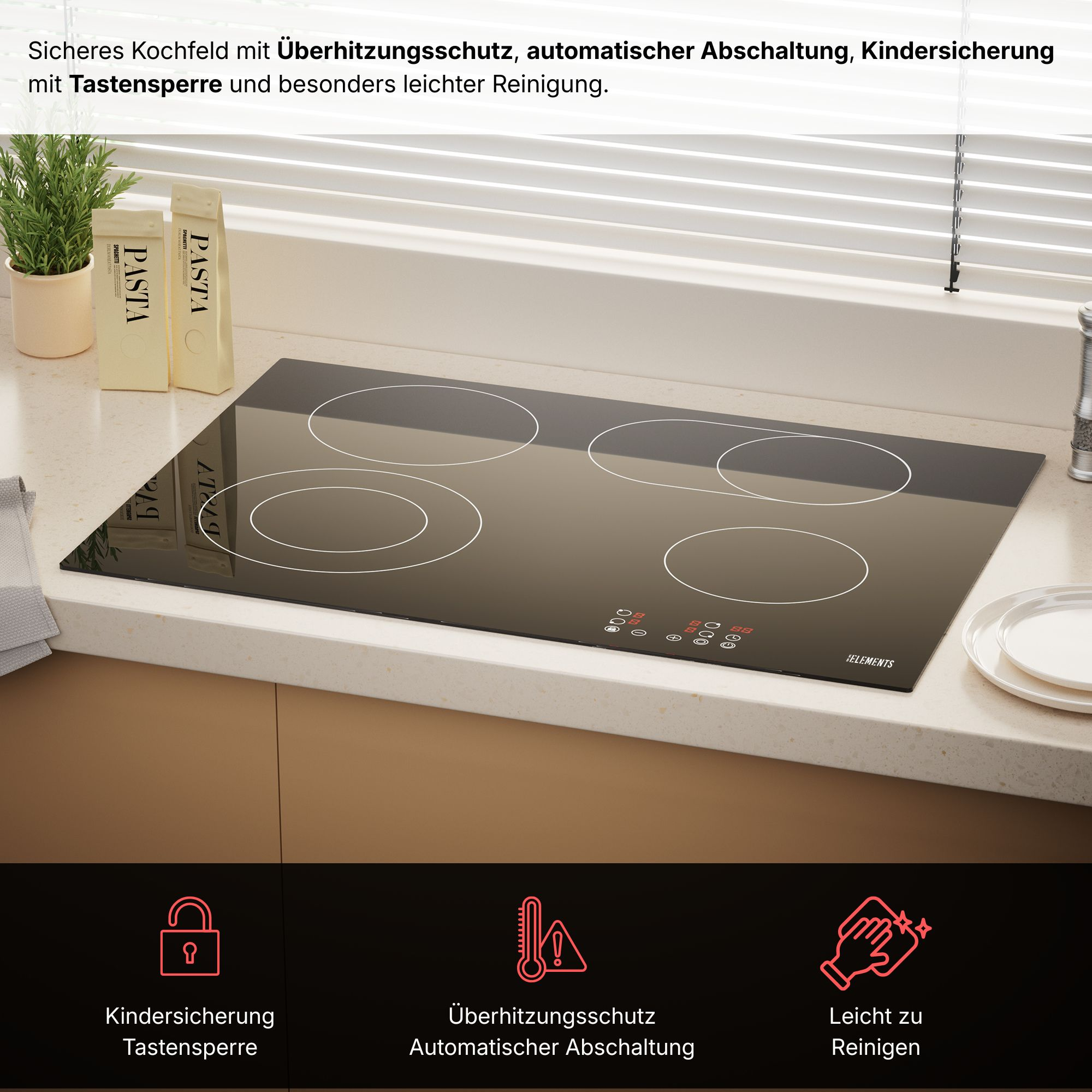 Modernes Kochfeld mit vier Kochzonen, digitalen Bedienelementen und stilvollem Design.