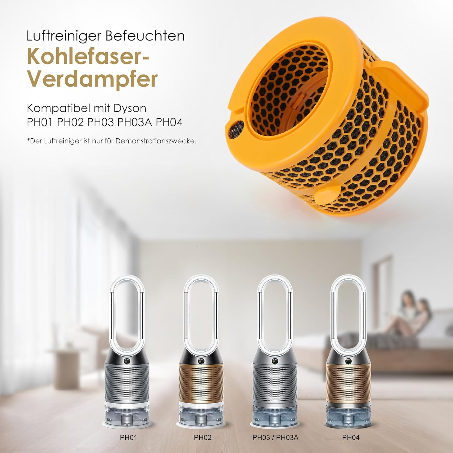 Ein orangefarbener Filter und vier Dyson Luftreiniger in verschiedenen Farben.
