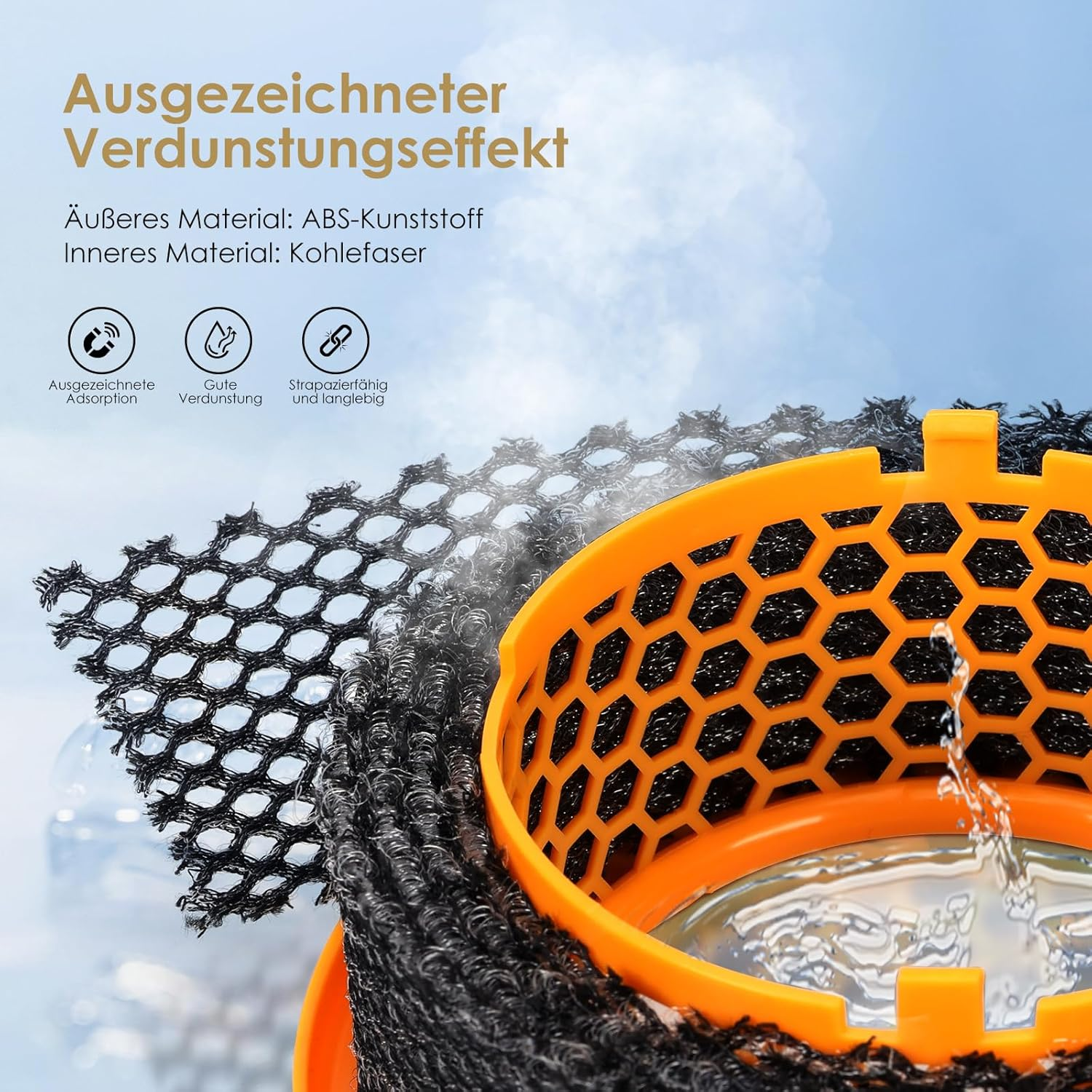 Ein orangefarbener Filter mit schwarzem Netzmaterial und Wasser, das hineingegossen wird.