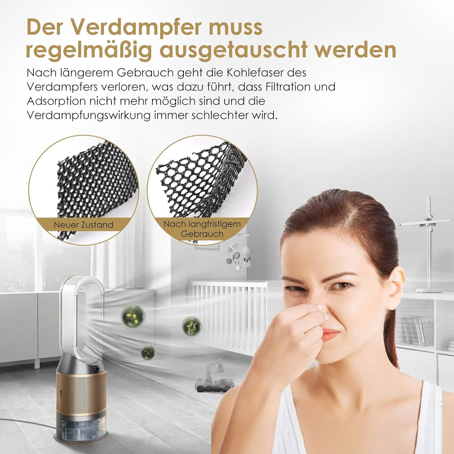 Luftreiniger mit neuem und gebrauchtem Filter. Frau hält sich Nase zu.