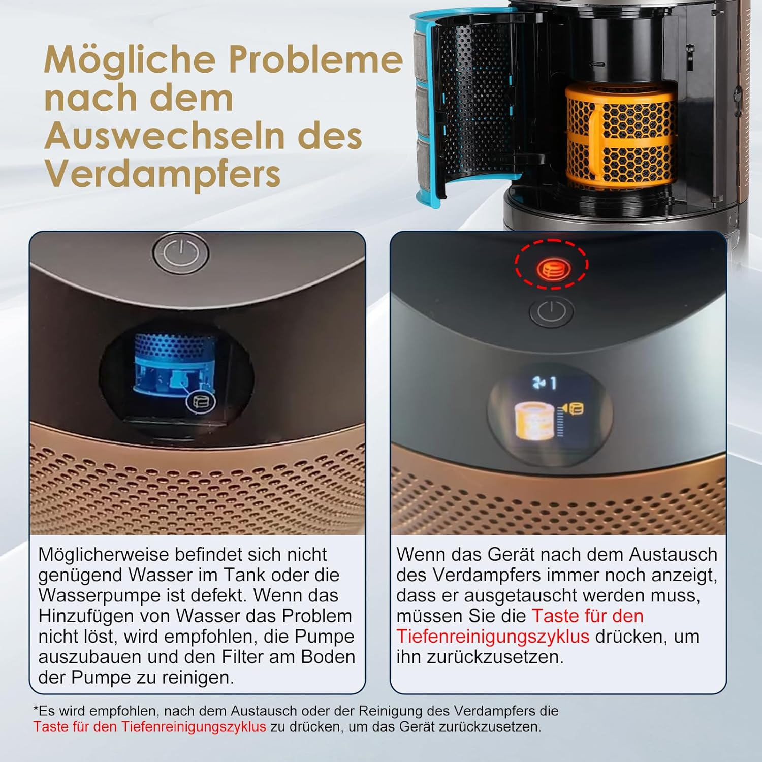 Probleme nach Verdampfertausch: Wasserstand oder Pumpe prüfen, dann Reinigungstaste drücken.