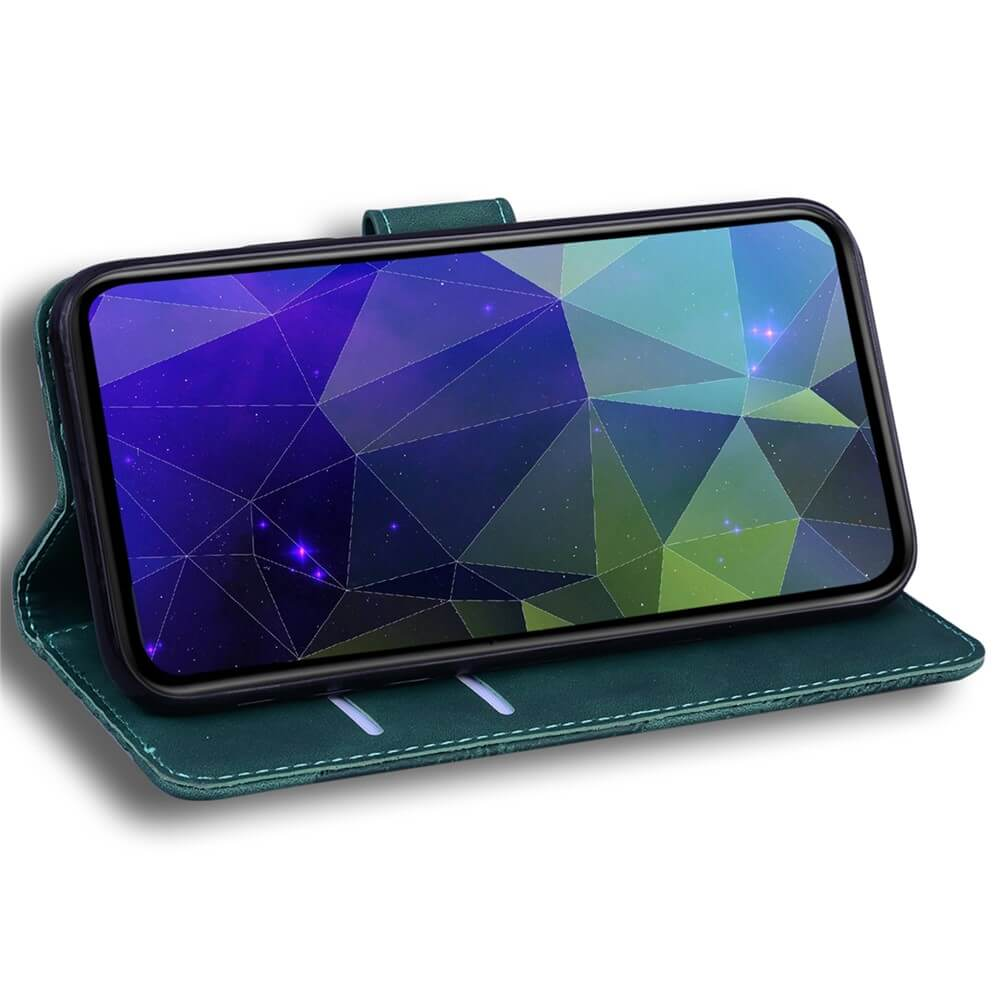 Ein grünes Handycover mit einem geometrischen Hintergrund auf dem Bildschirm.
