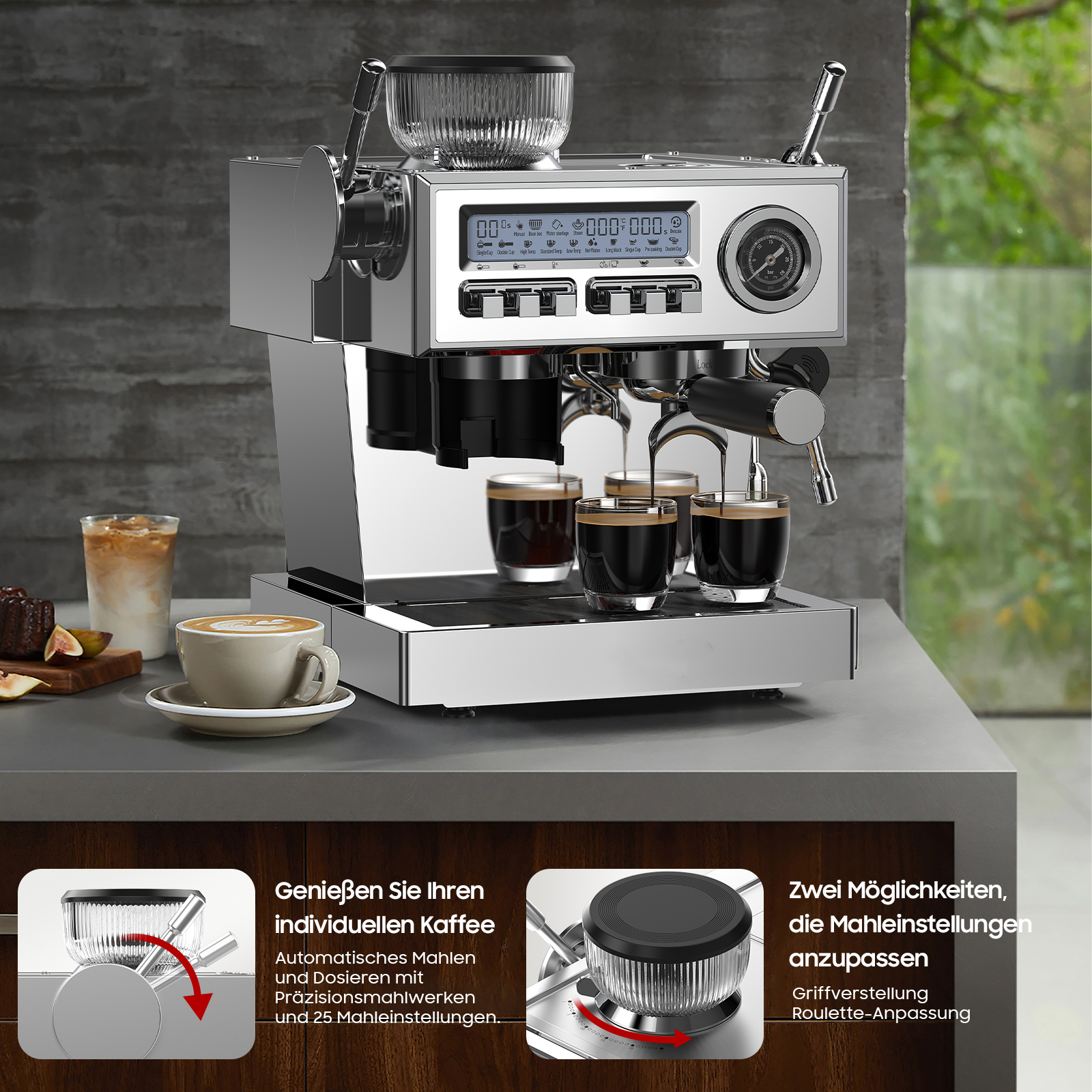 Eine glänzende Espressomaschine mit drei Gläsern Espresso, einer Tasse Cappuccino und Gebäck.