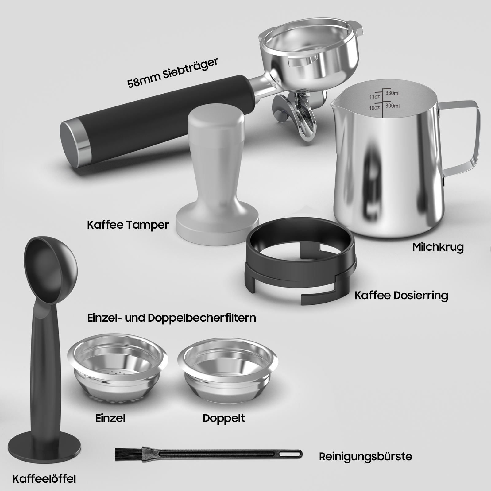 Espressozubehör: Siebträger, Tamper, Milchkrug, Löffel, Filterkörbchen, Ring und Bürste.