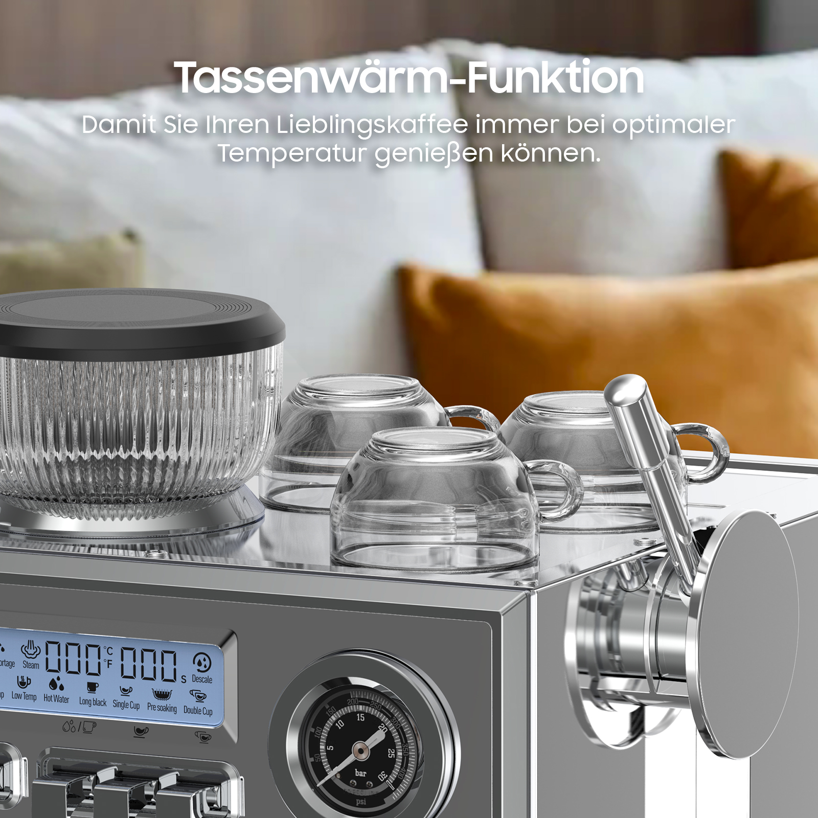 Eine Kaffeemaschine mit beheiztem Tassenablage, Glas und Metall.