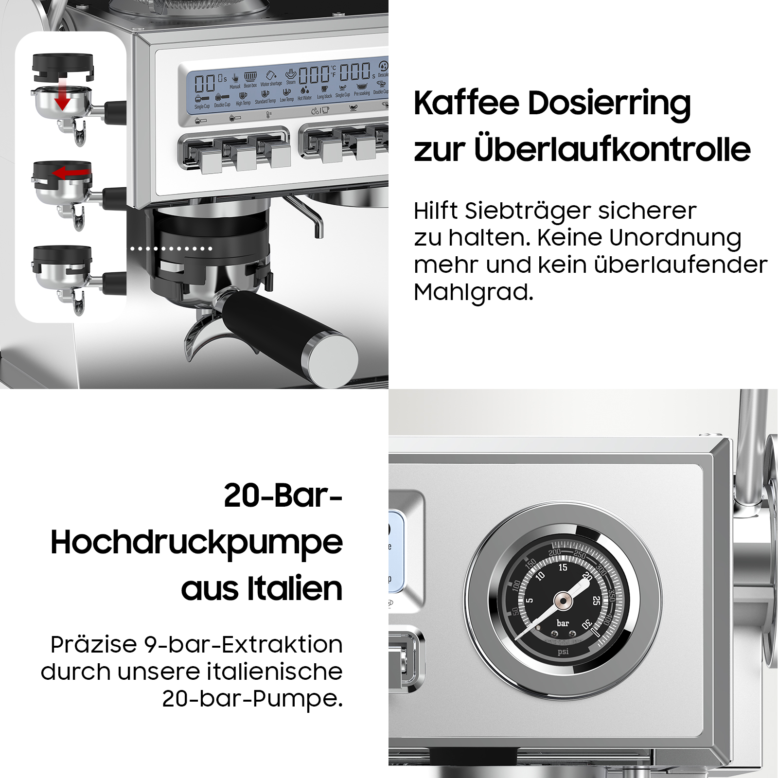 Espressomaschine mit Siebträger, Display und Manometer. Zeigt Kaffee-Dosierung und Druck an.