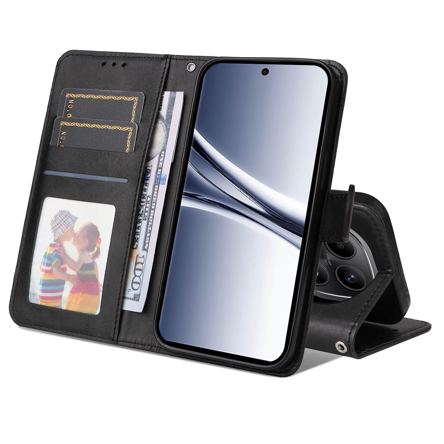 Schwarze Brieftasche mit Handy, Foto, Karten und Geldschein.