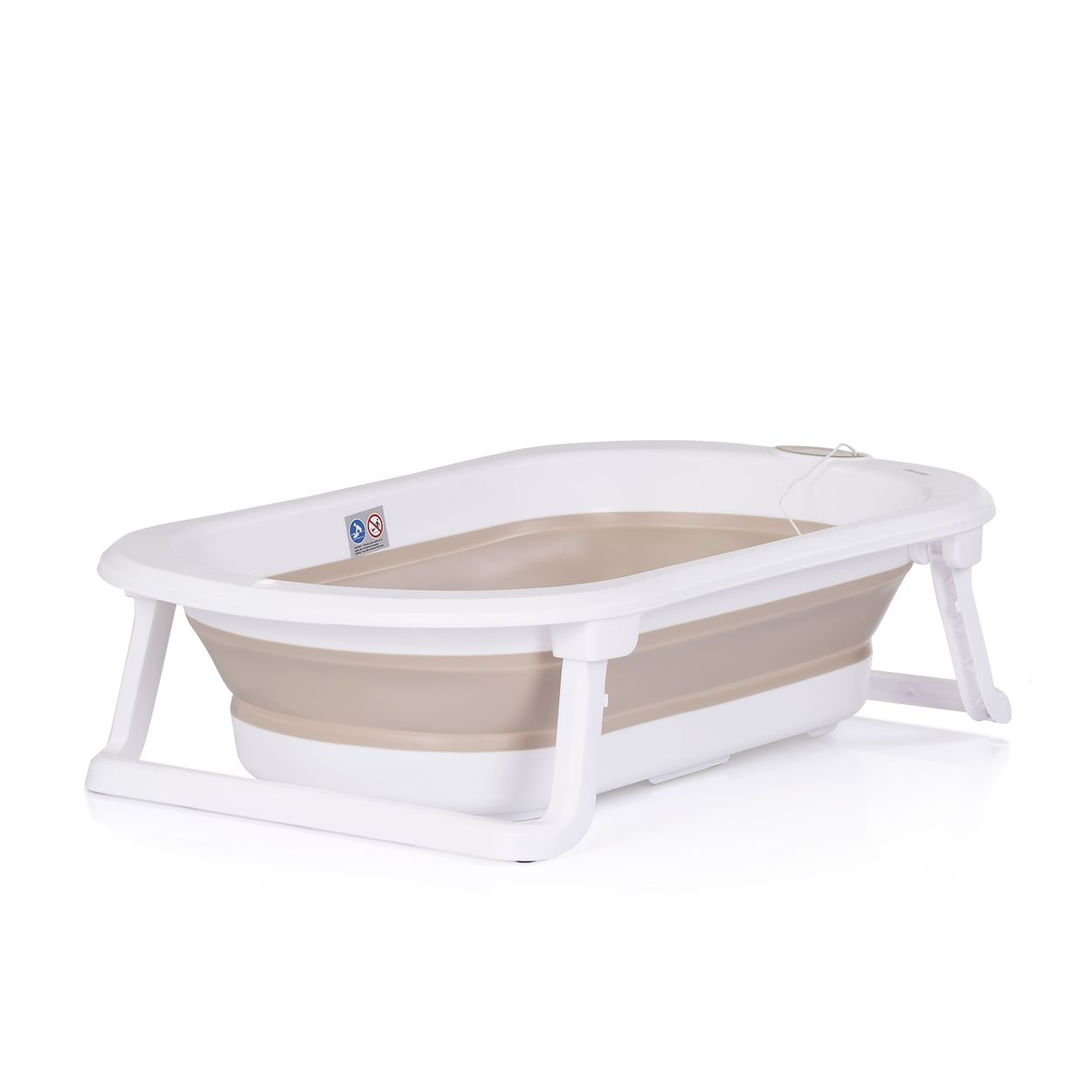 Ein faltbarer Babybadewanne mit weißem Gestell und beige Einsatz.