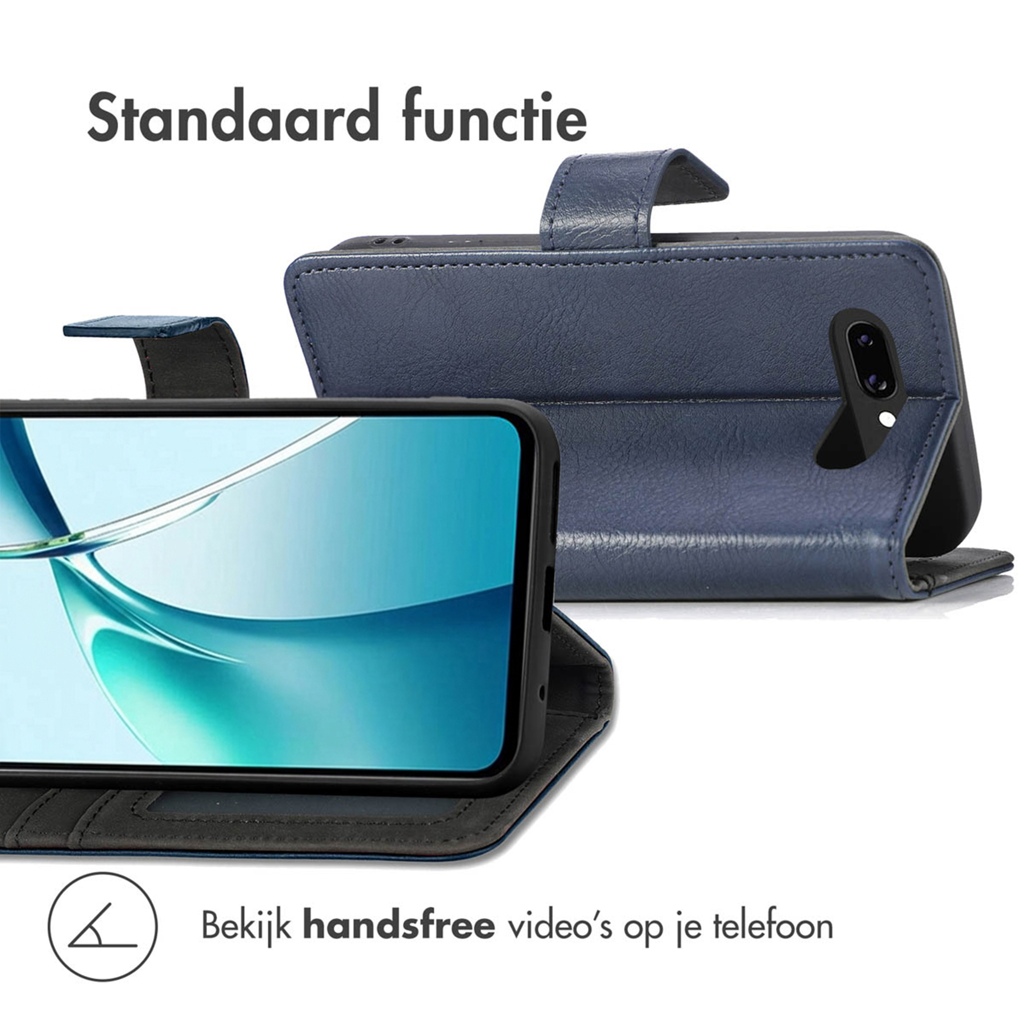 Een blauw telefoonhoesje staat open en toont het smartphone-display.