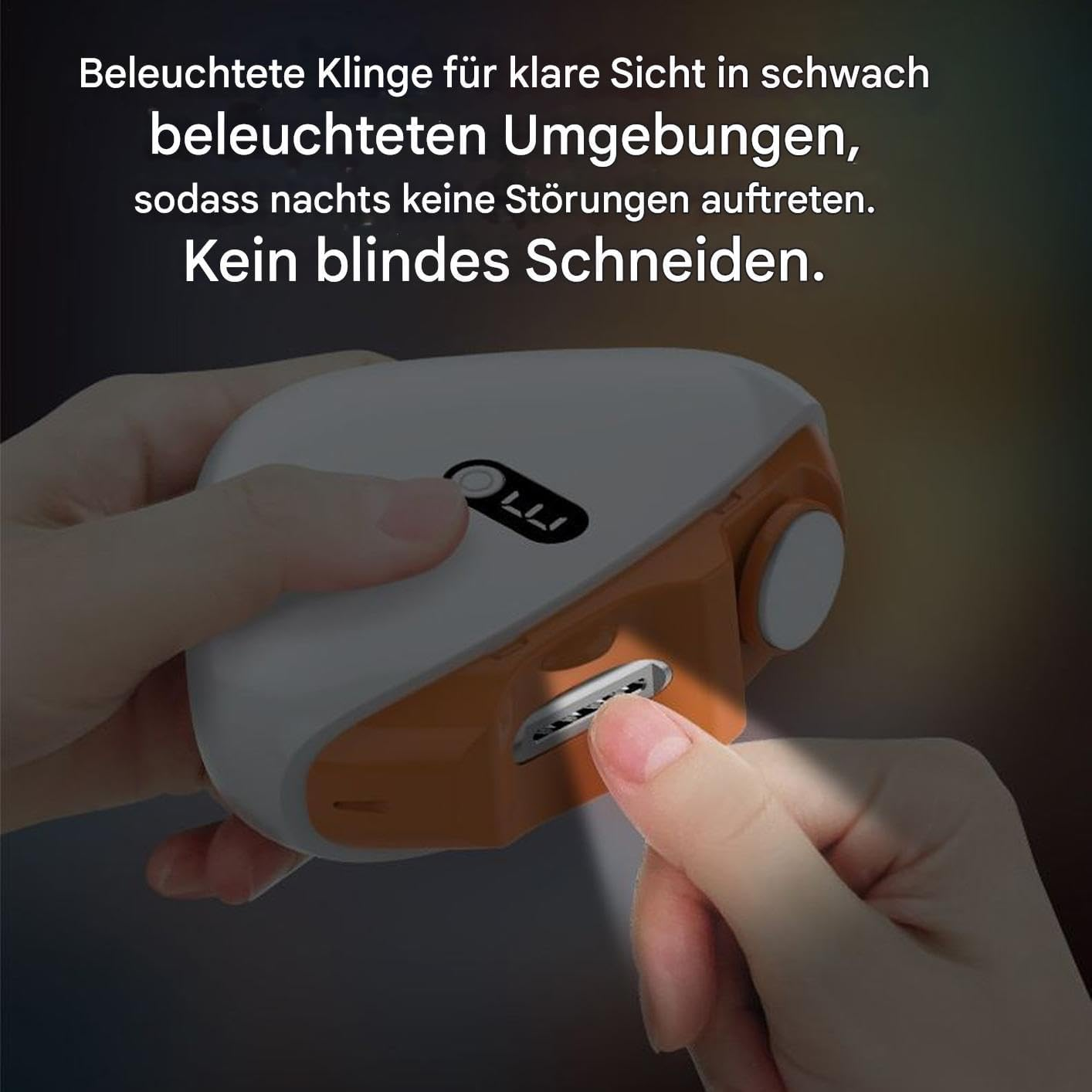 Eine Hand hält ein orange-weißes Gerät. Eine Klinge ist beleuchtet.