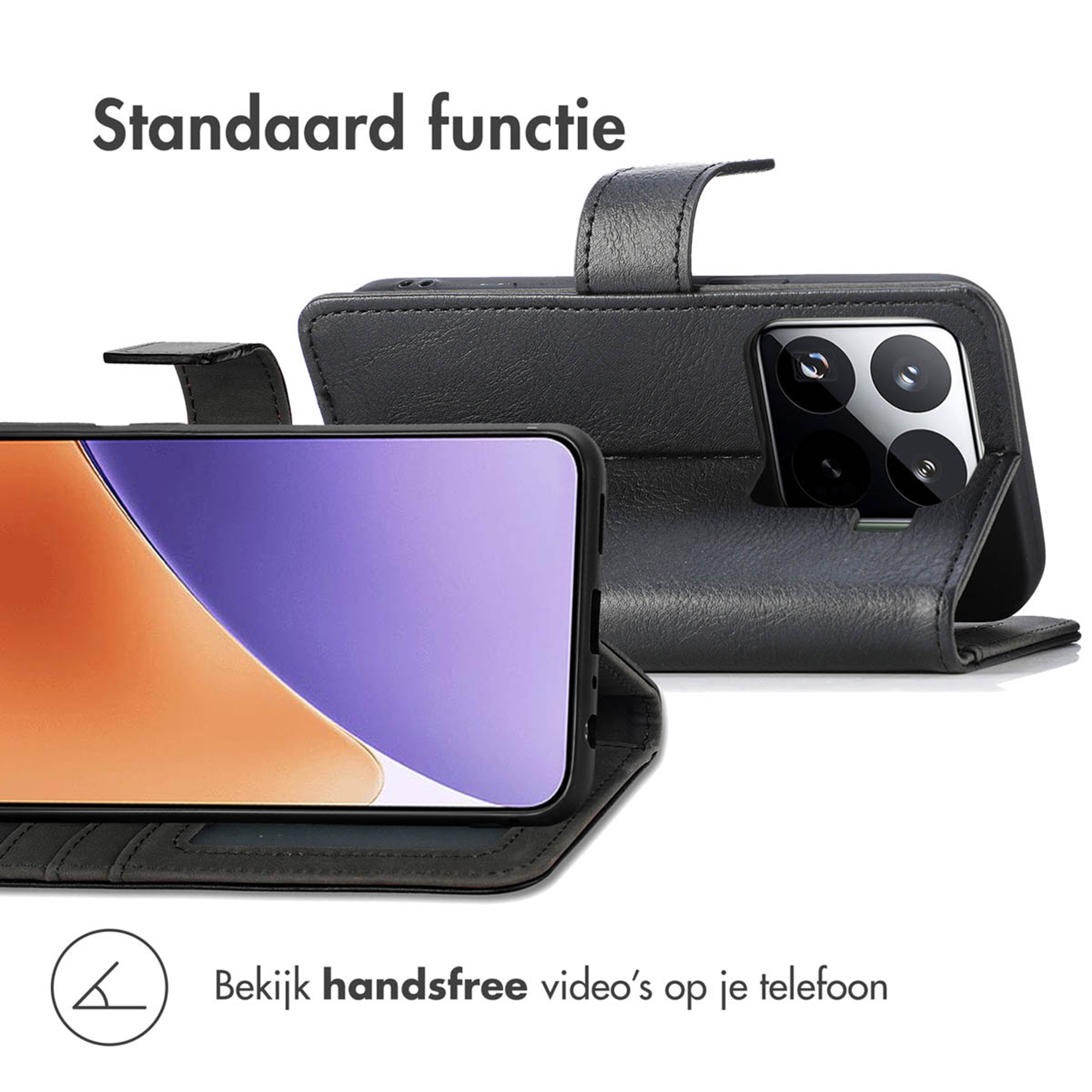 Étui en cuir noir avec support intégré pour smartphone.