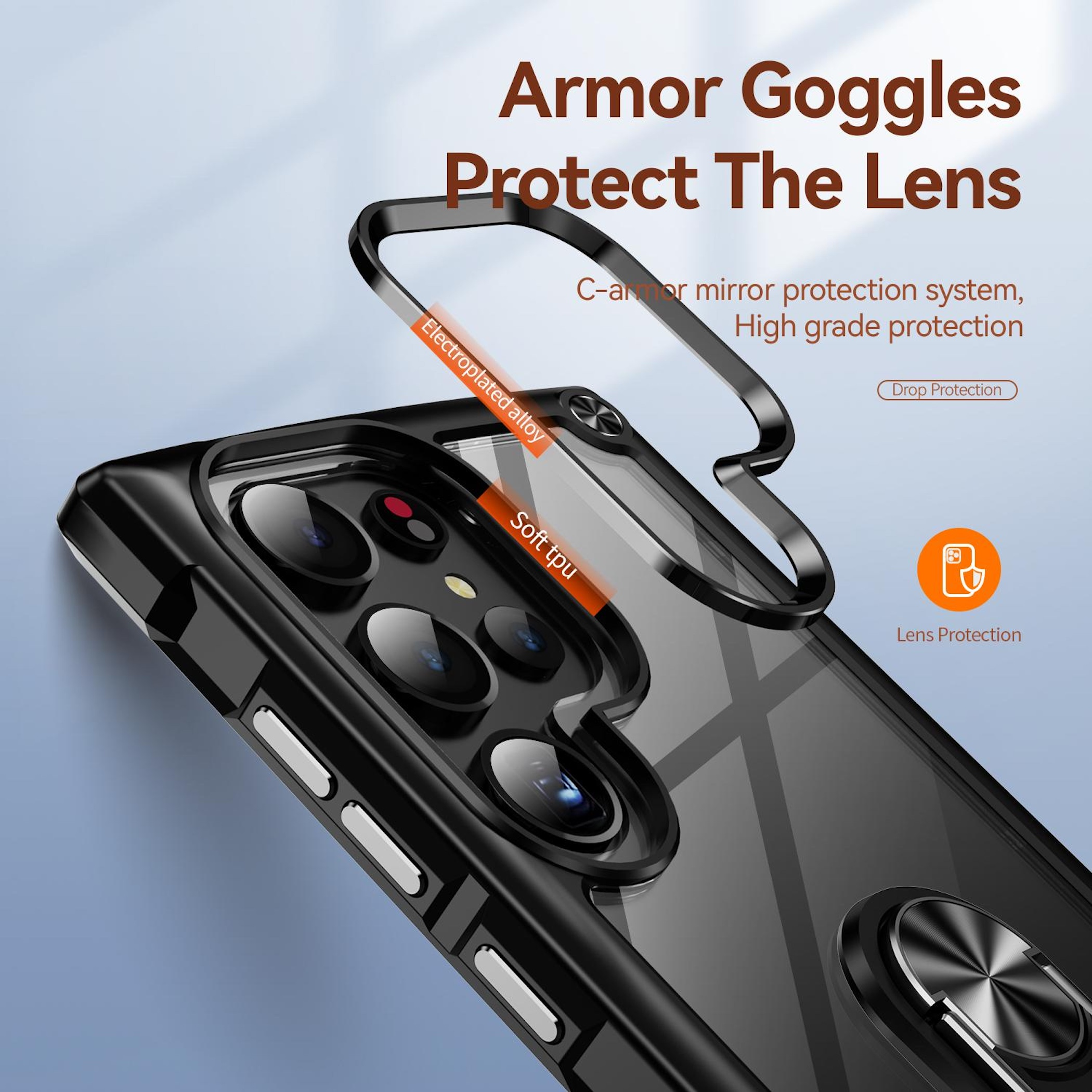 Funda negra para teléfono con soporte de anillo y protector de cámara.