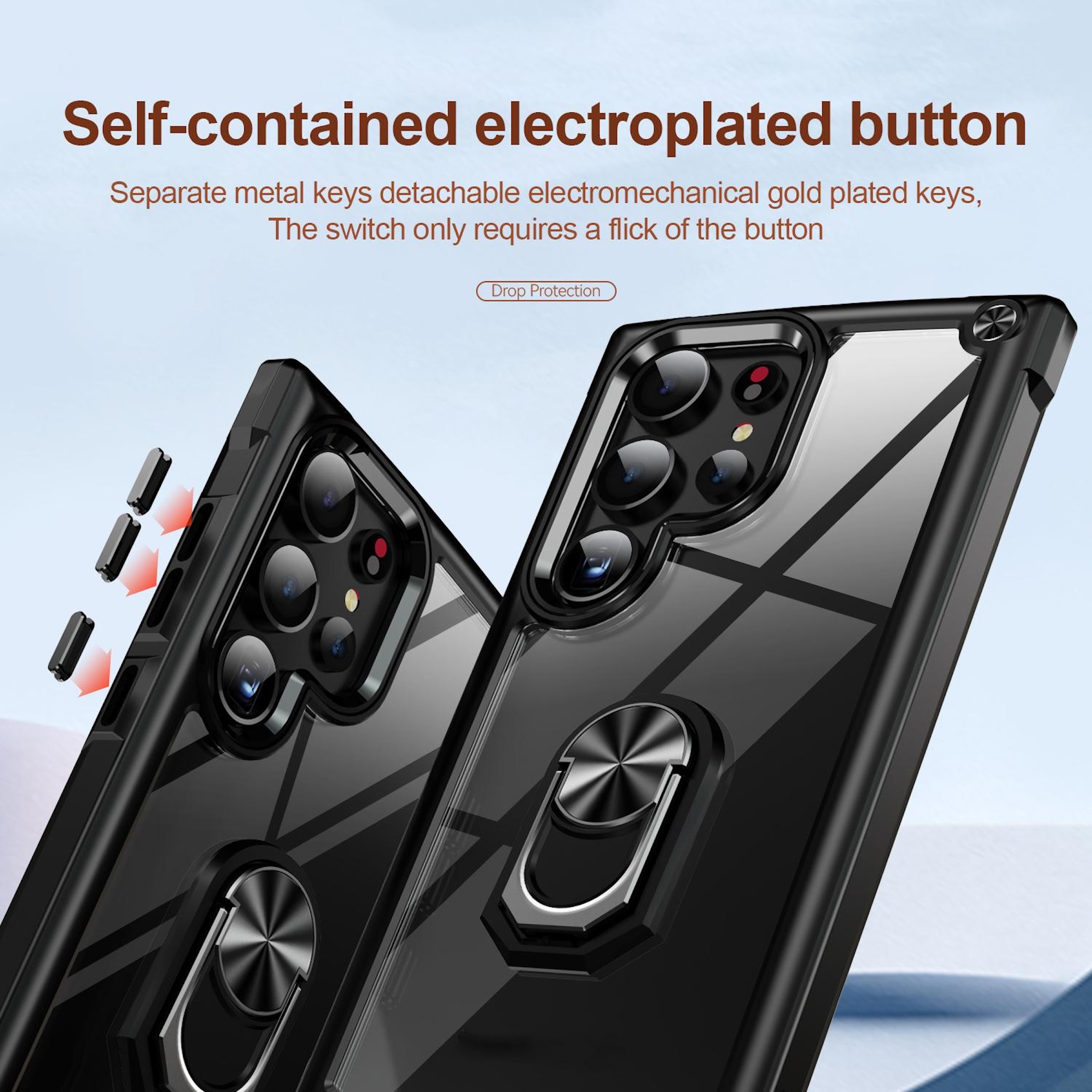 Dos fundas transparentes para teléfono con anillos metálicos y cámaras.