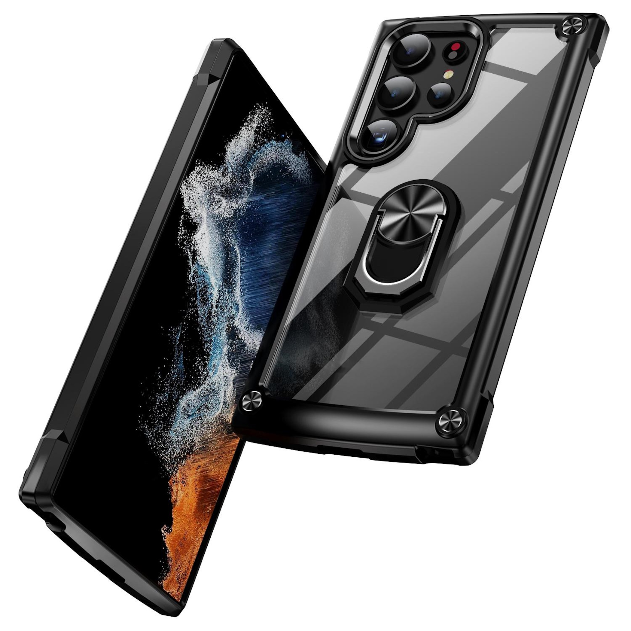 Un smartphone negro en funda protectora transparente con soporte de anillo.