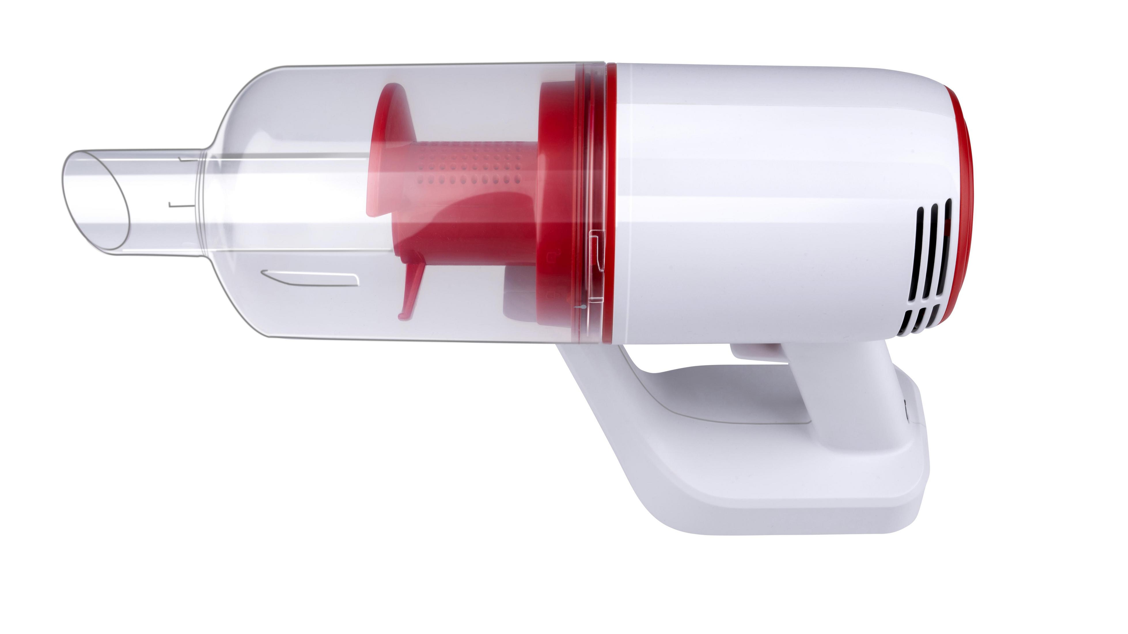 Un aspirateur à main blanc avec filtre rouge et bac transparent.
