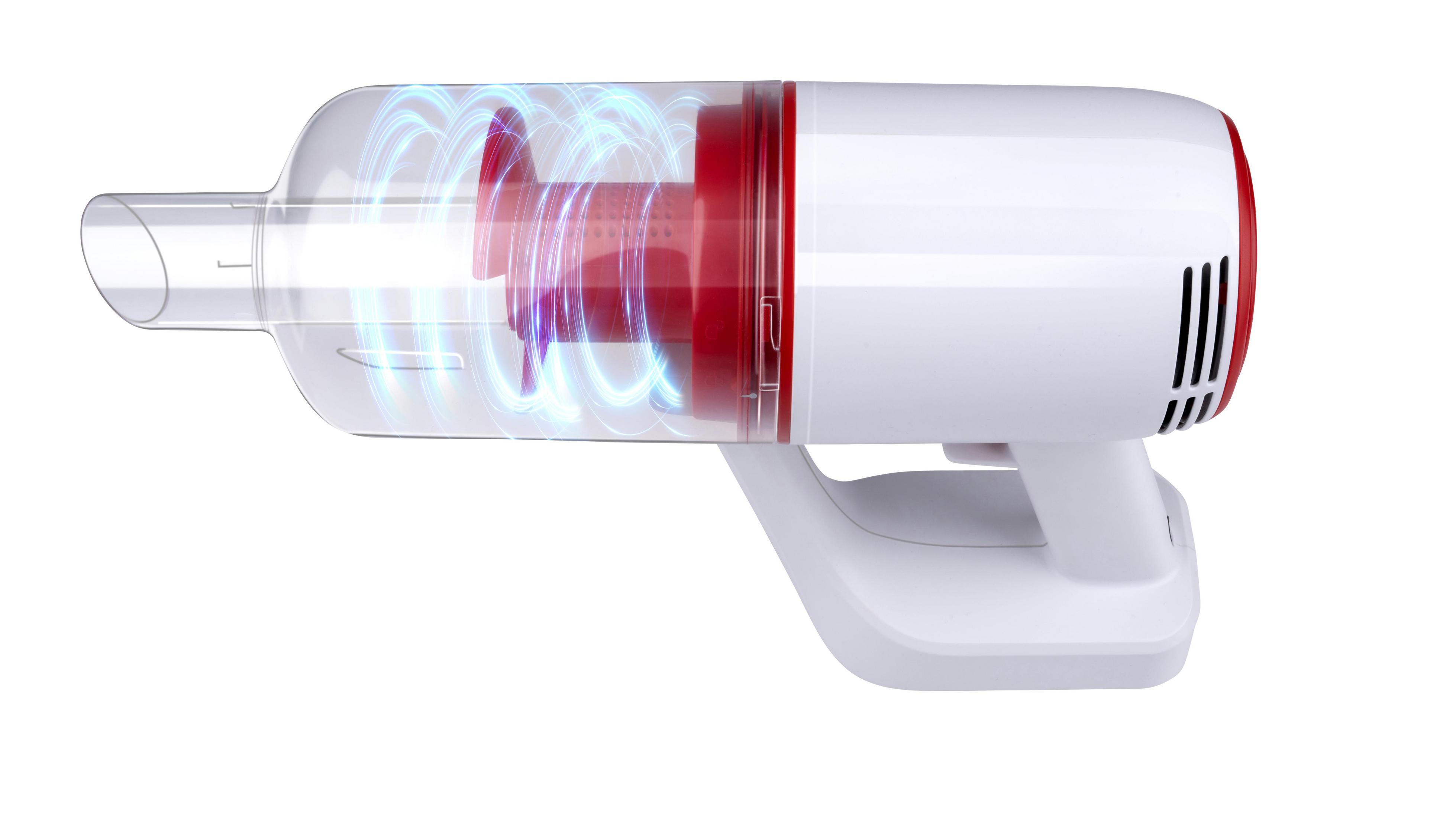 Un aspirateur blanc portable avec accents rouges et réservoir transparent montrant un tourbillon bleu.