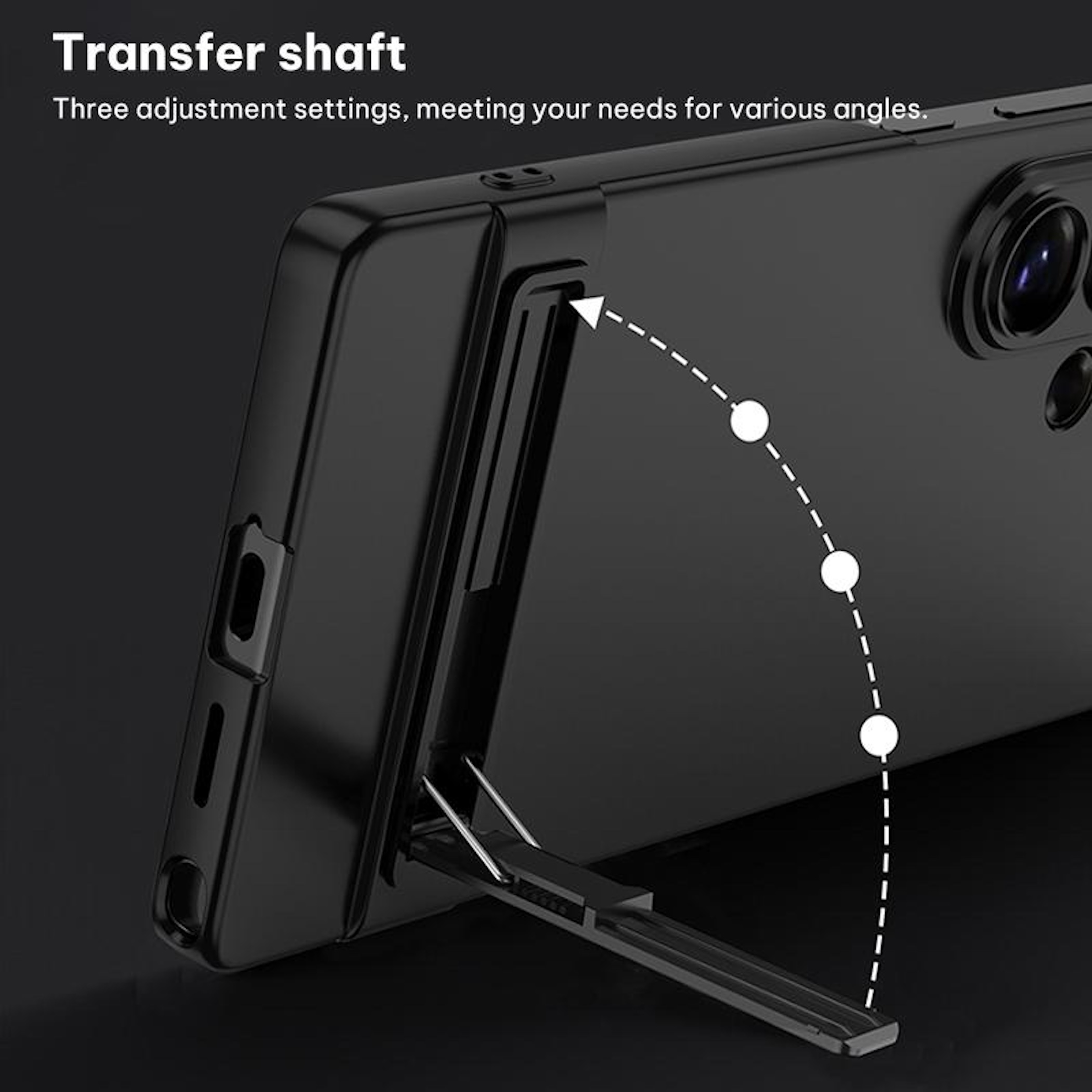 Teléfono inteligente negro con soporte plegable que muestra tres ajustes de ángulo.
