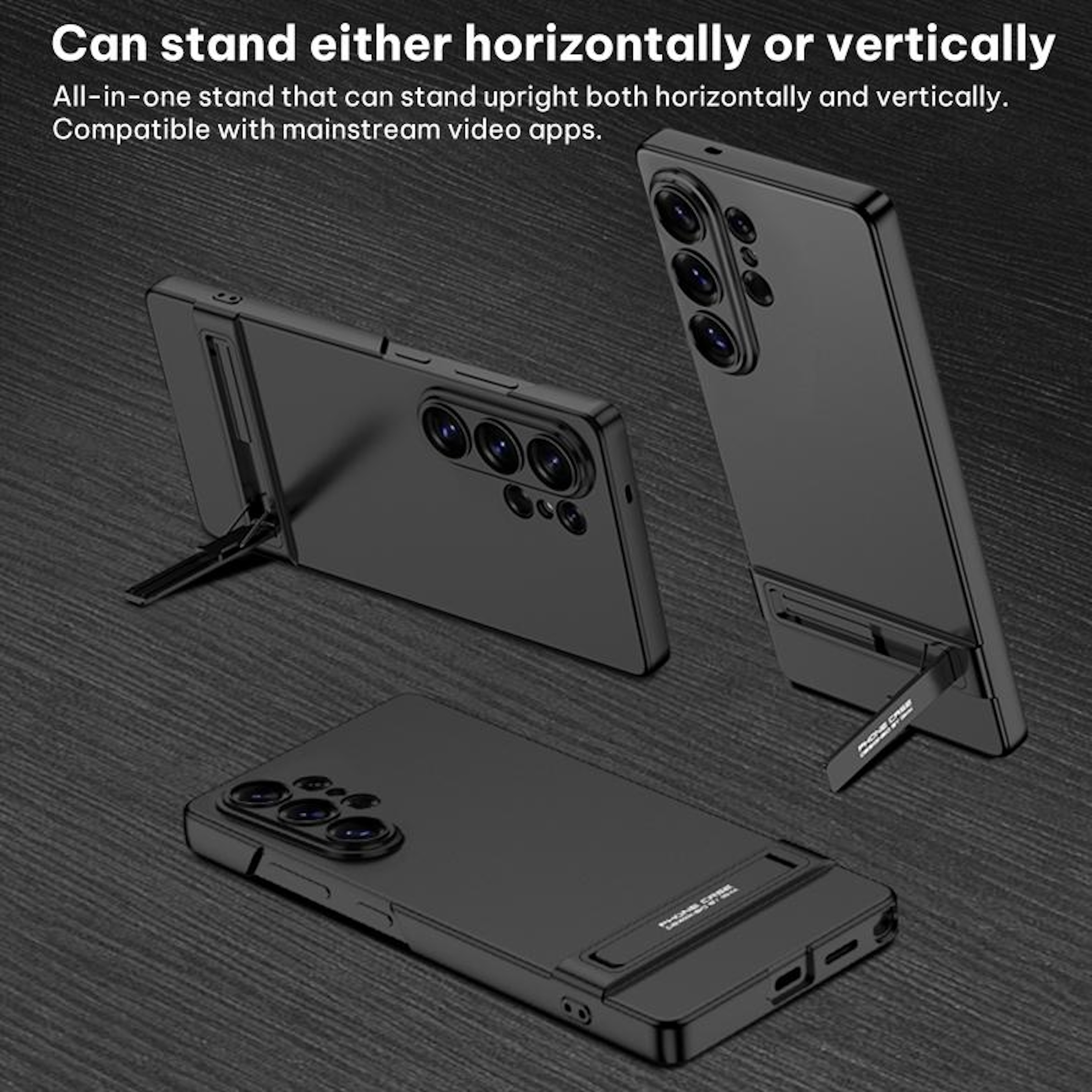 Funda negra para teléfono con soporte, mostrada horizontal y verticalmente.