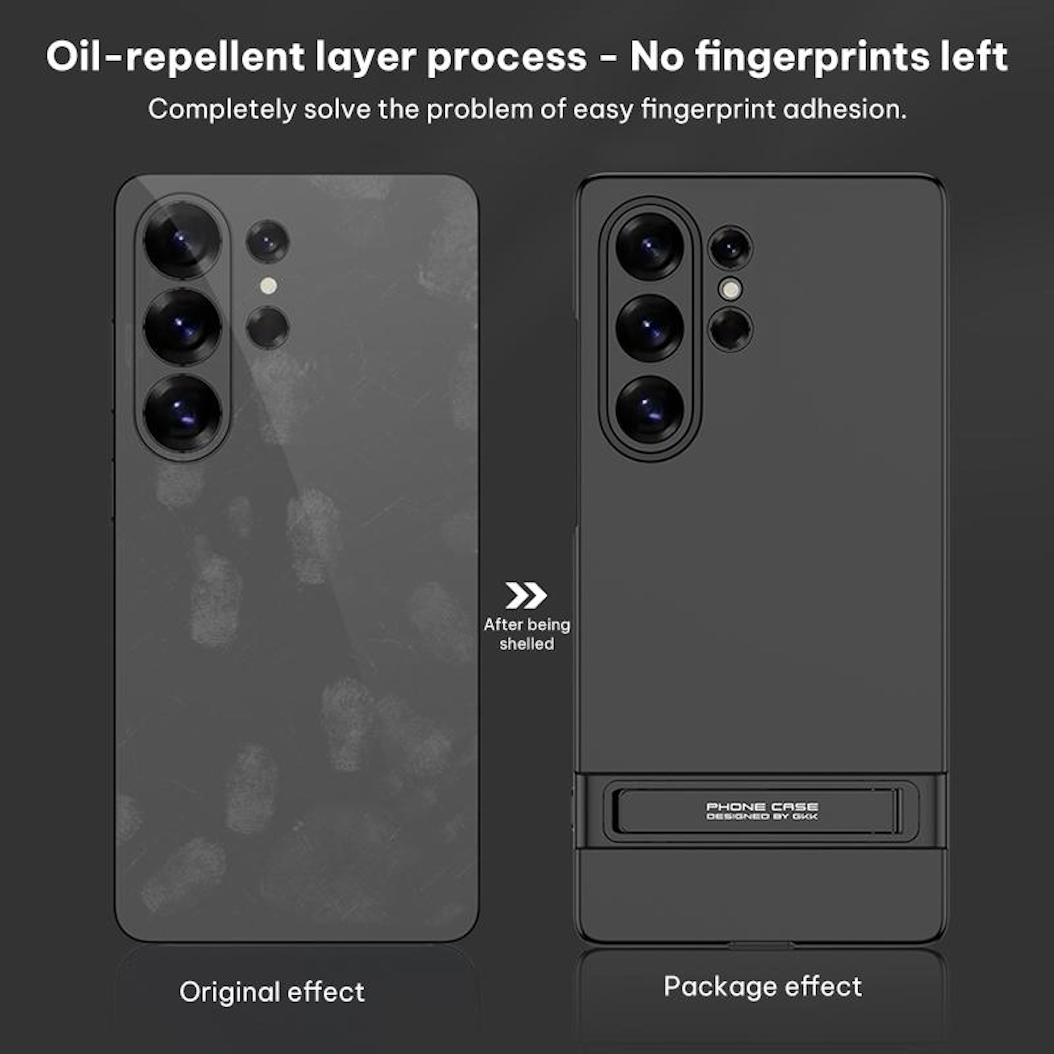 Dos fundas de teléfono negras: izquierda con huellas, derecha limpia.
