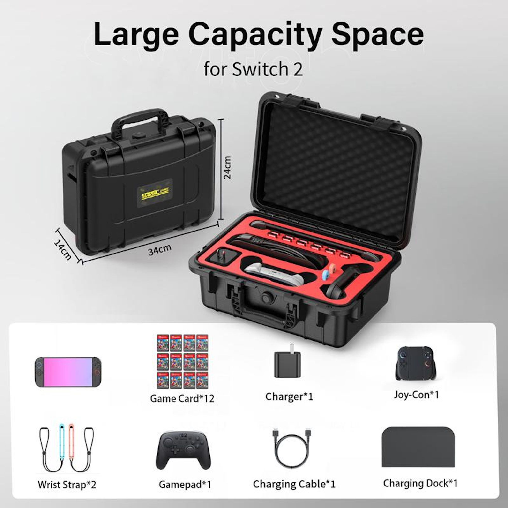 Funda negra para Switch 2 con juegos, cargador, Joy-Cons, correas, cable, base.
