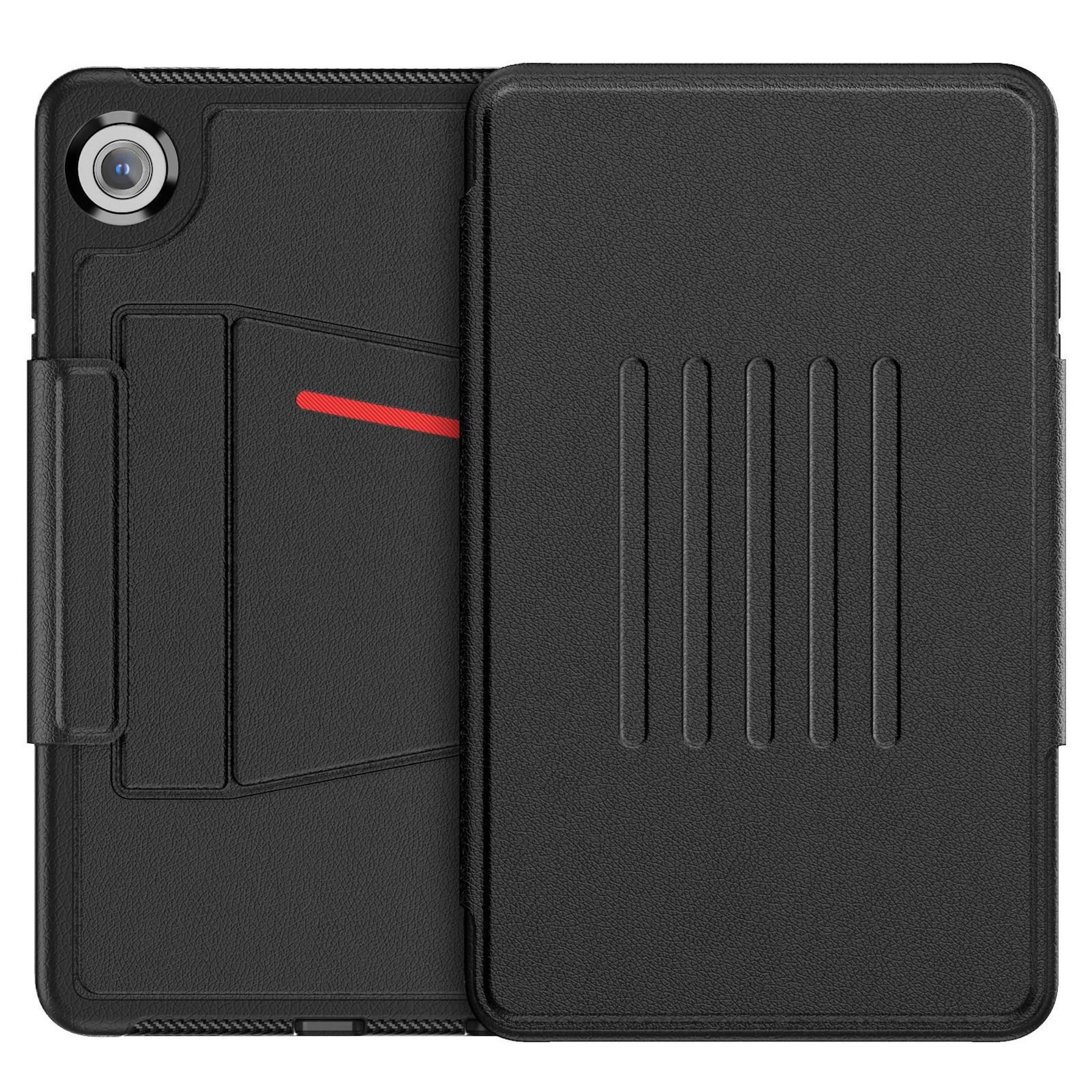Funda negra para tableta con recorte de cámara y ranuras verticales en el frontal.