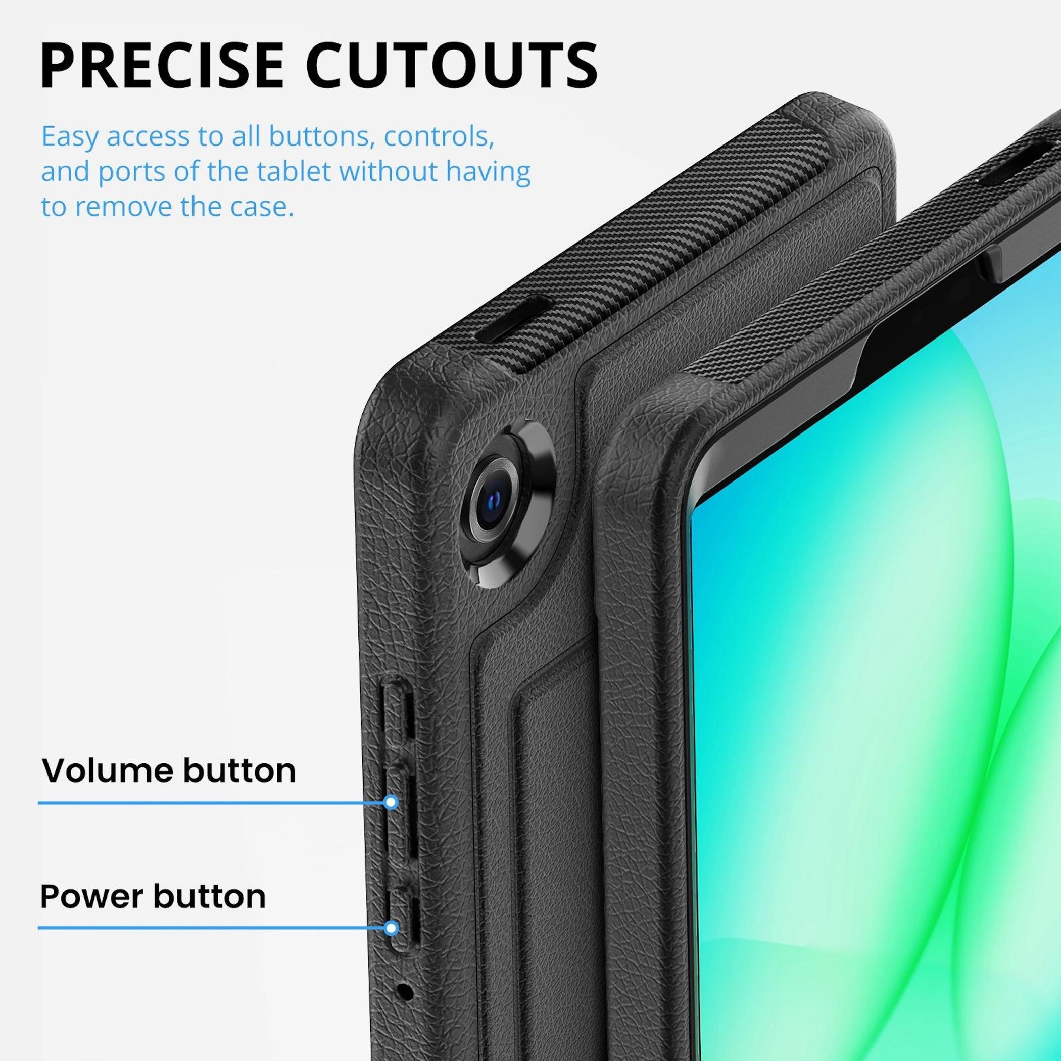 Funda negra para tableta con recortes precisos para botones de volumen y encendido.