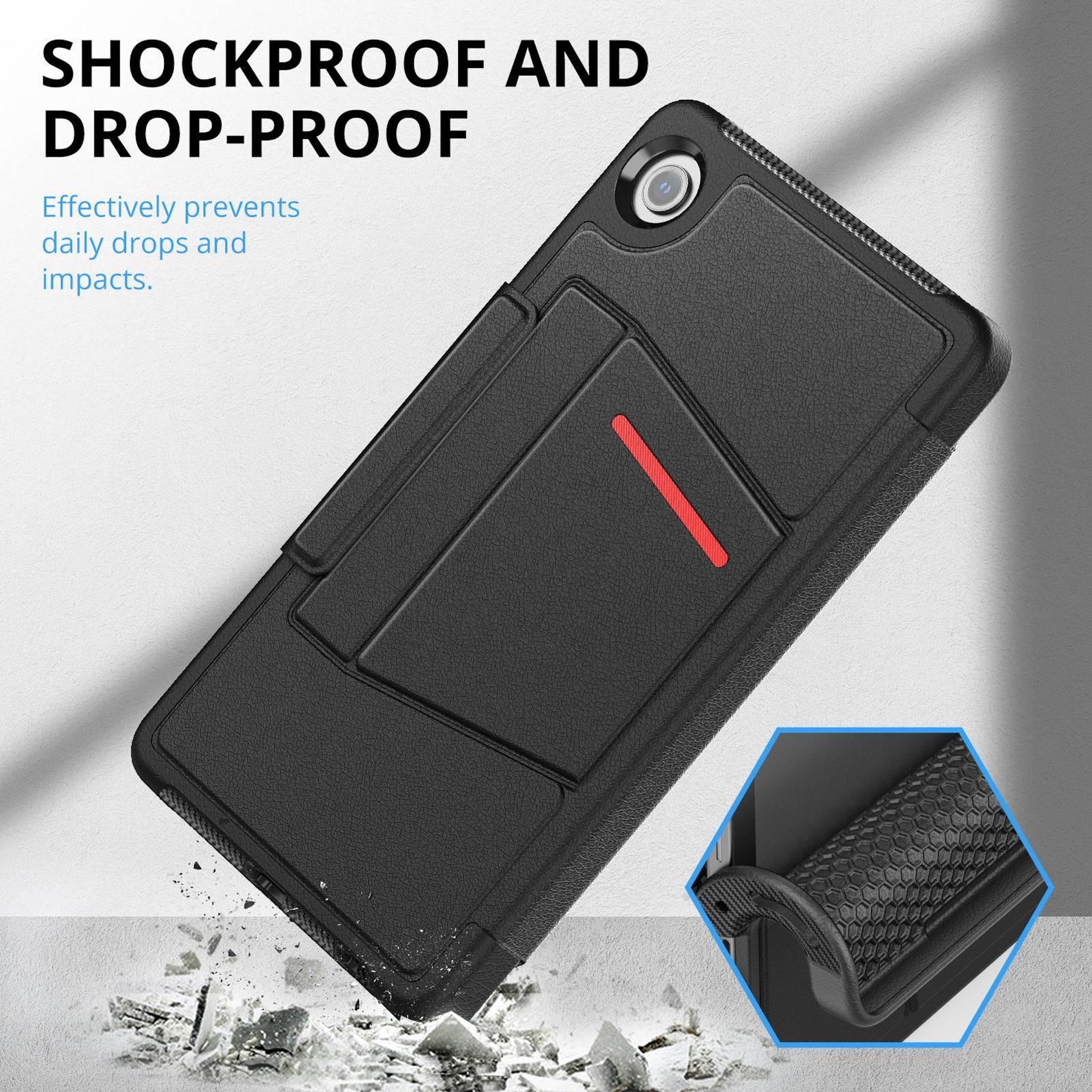 Funda negra para tableta con franja roja, a prueba de golpes.