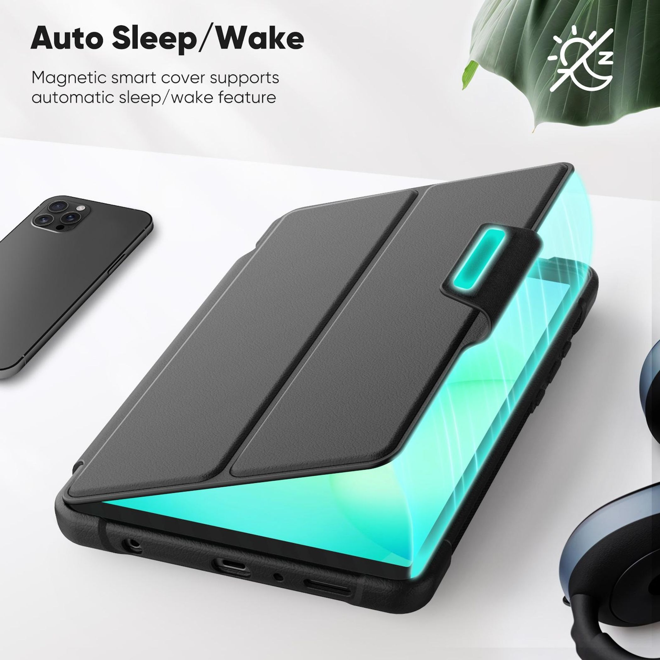 Un teléfono negro con funda, mostrando modo de suspensión/activación.