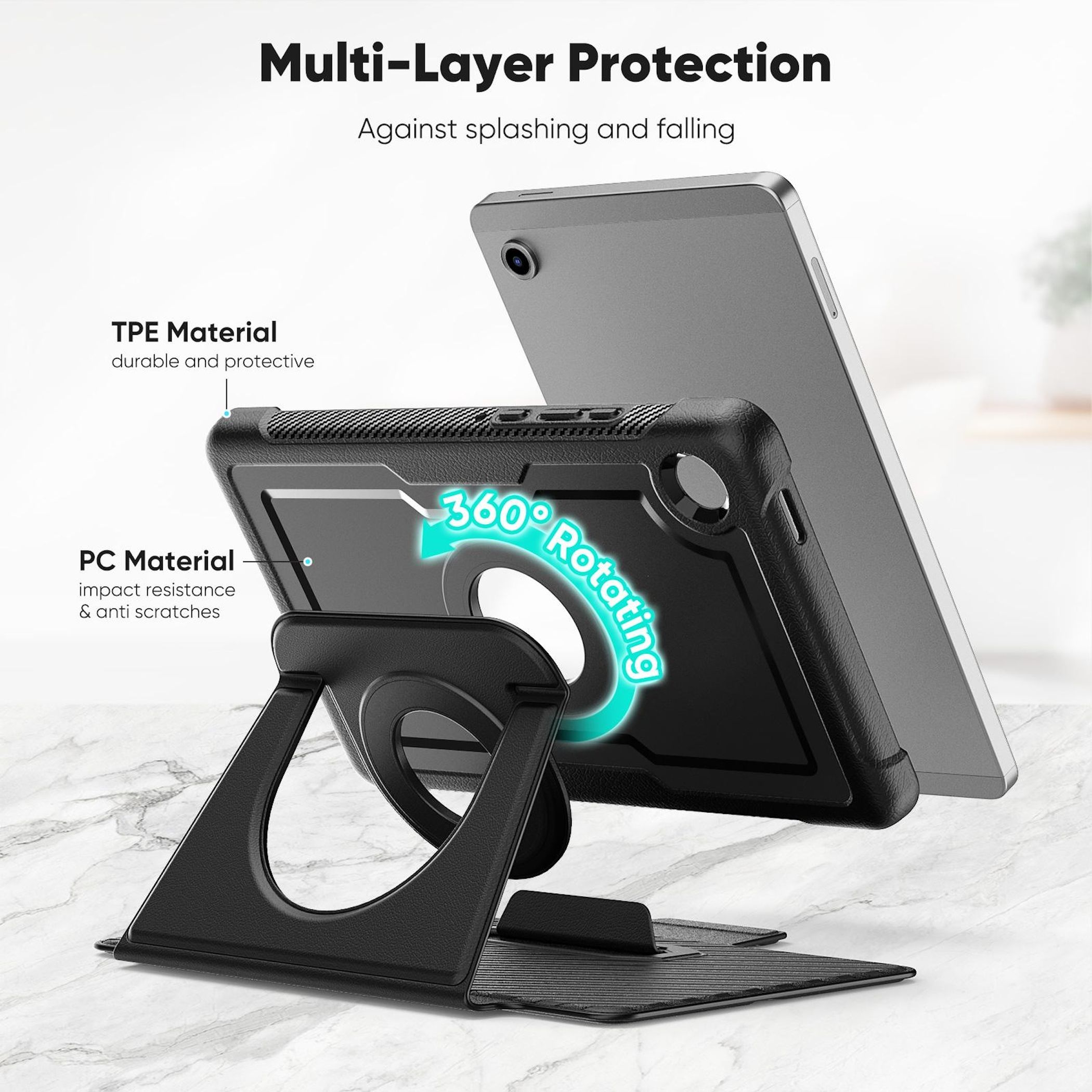 Soporte negro para tableta con rotación de 360° y una tableta al fondo.