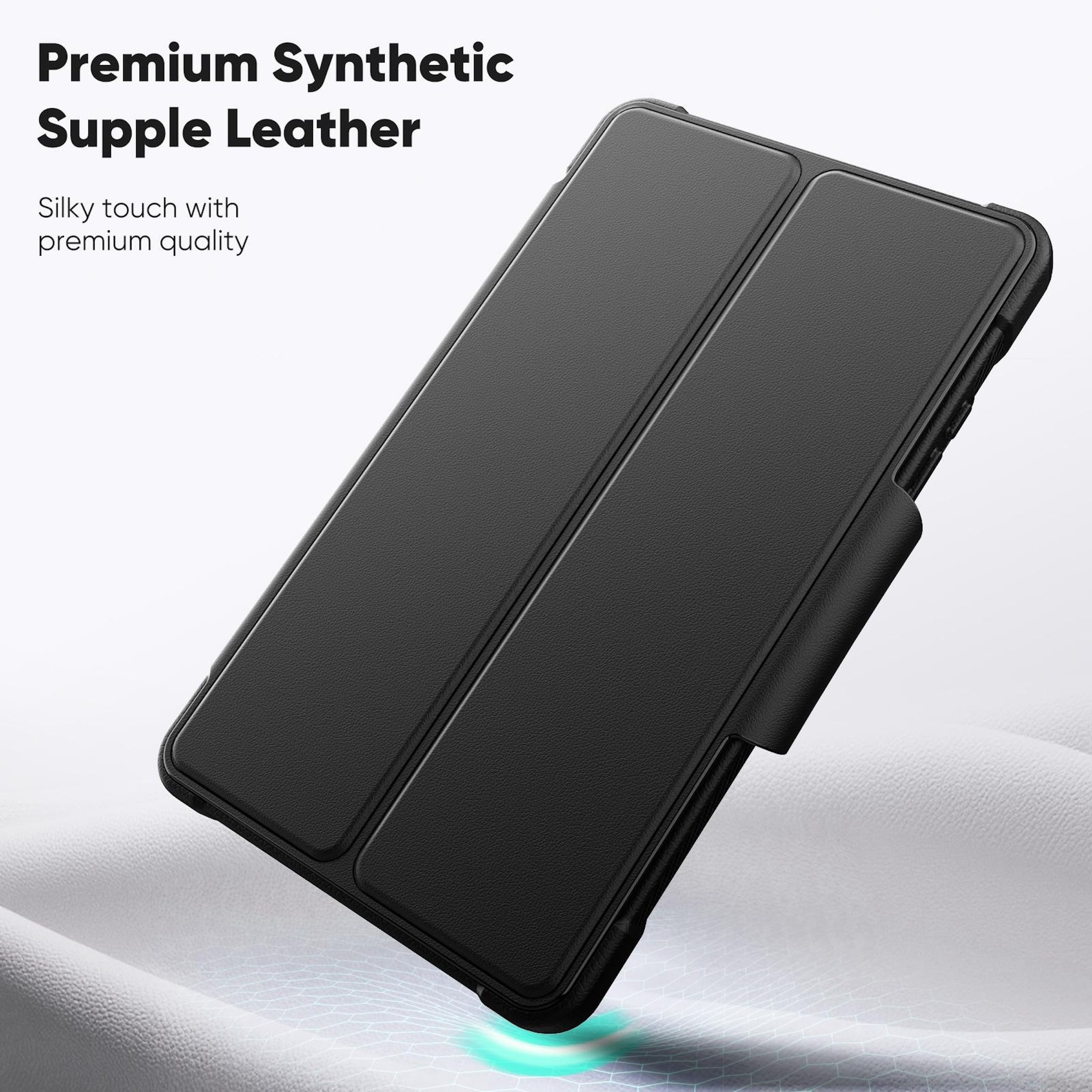 Funda tipo libro de cuero sintético negro para smartphone, sobre una superficie suave.