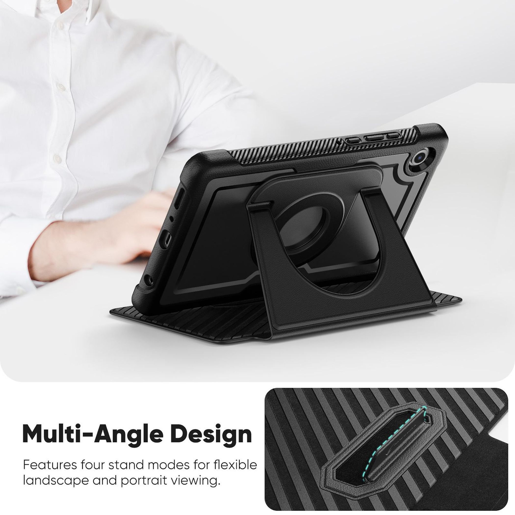 Funda negra para tableta con soporte multiángulo.