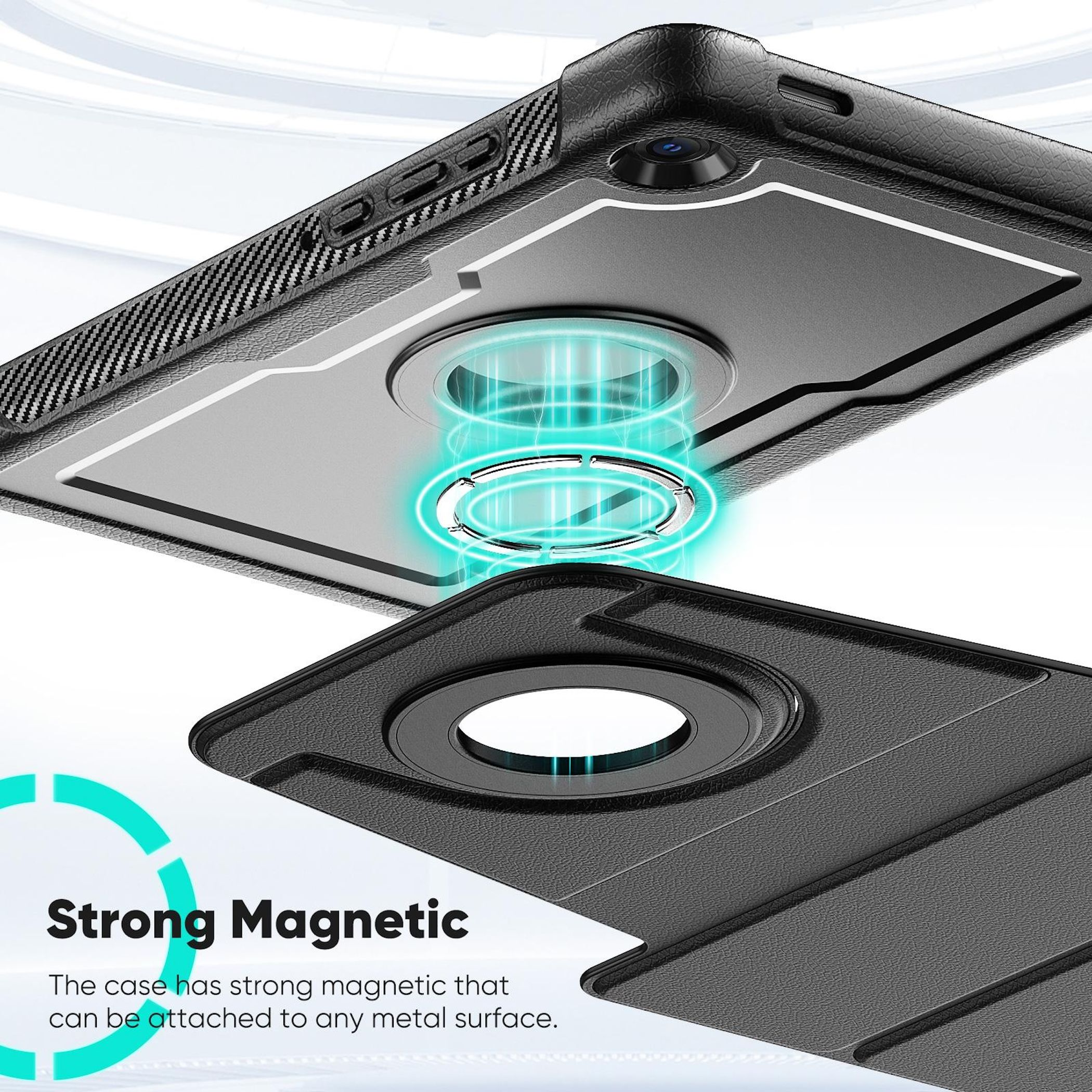 Funda de teléfono negra con anillo magnético y efectos de luz azul.
