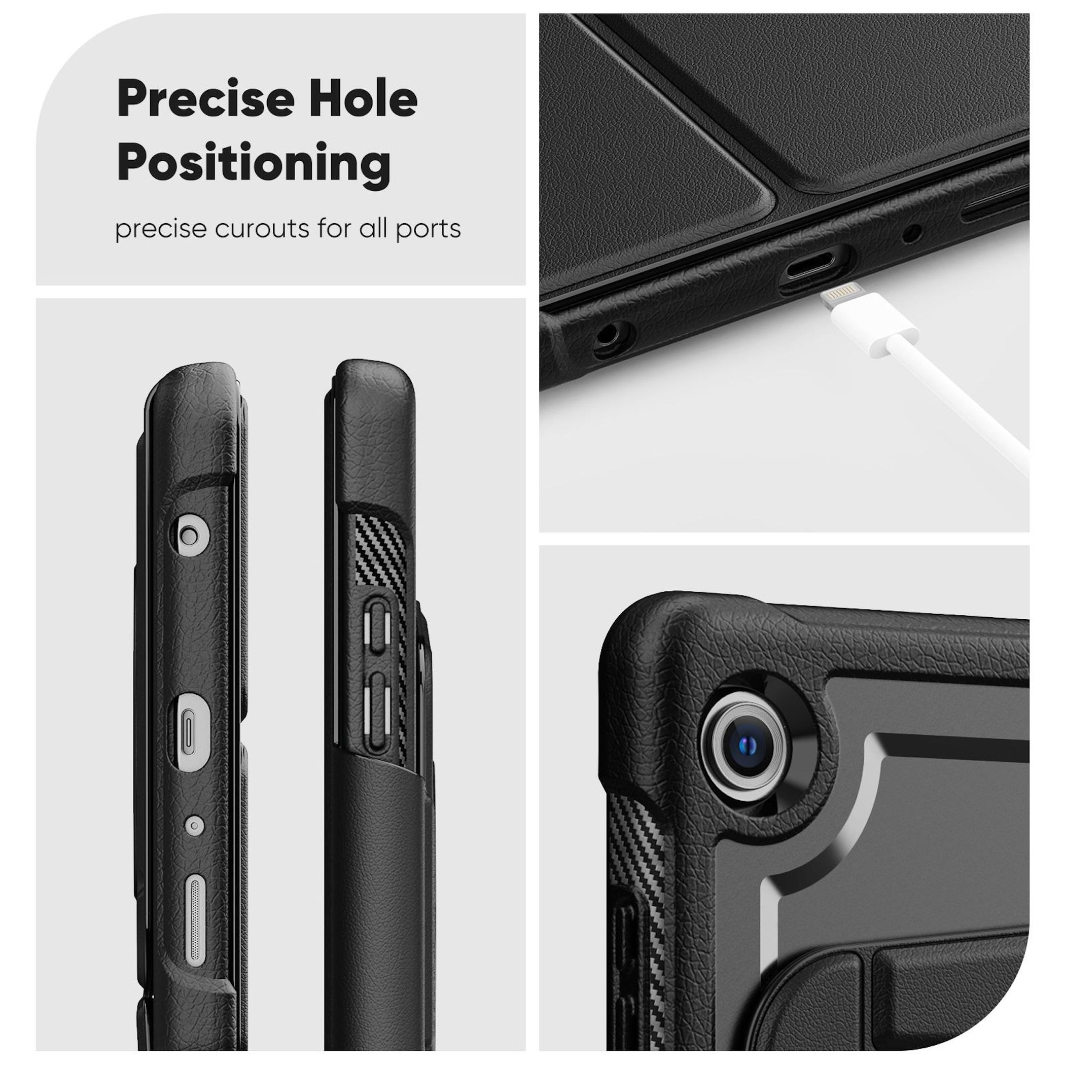 Funda negra con recortes precisos para puertos y botones.