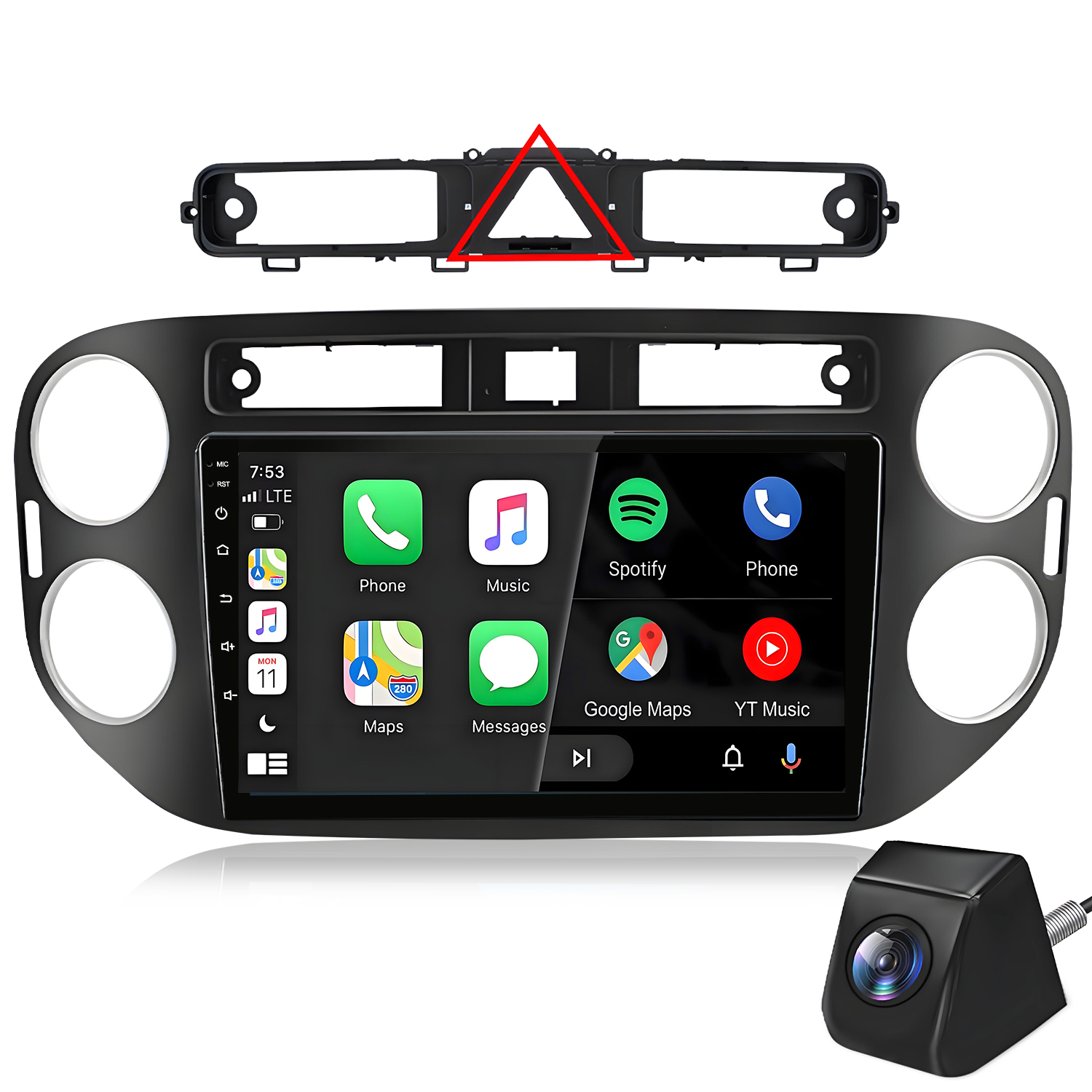 Ein schwarzer Auto-Infotainment-Bildschirm mit Apps, ein Zierrahmen und eine Rückfahrkamera.